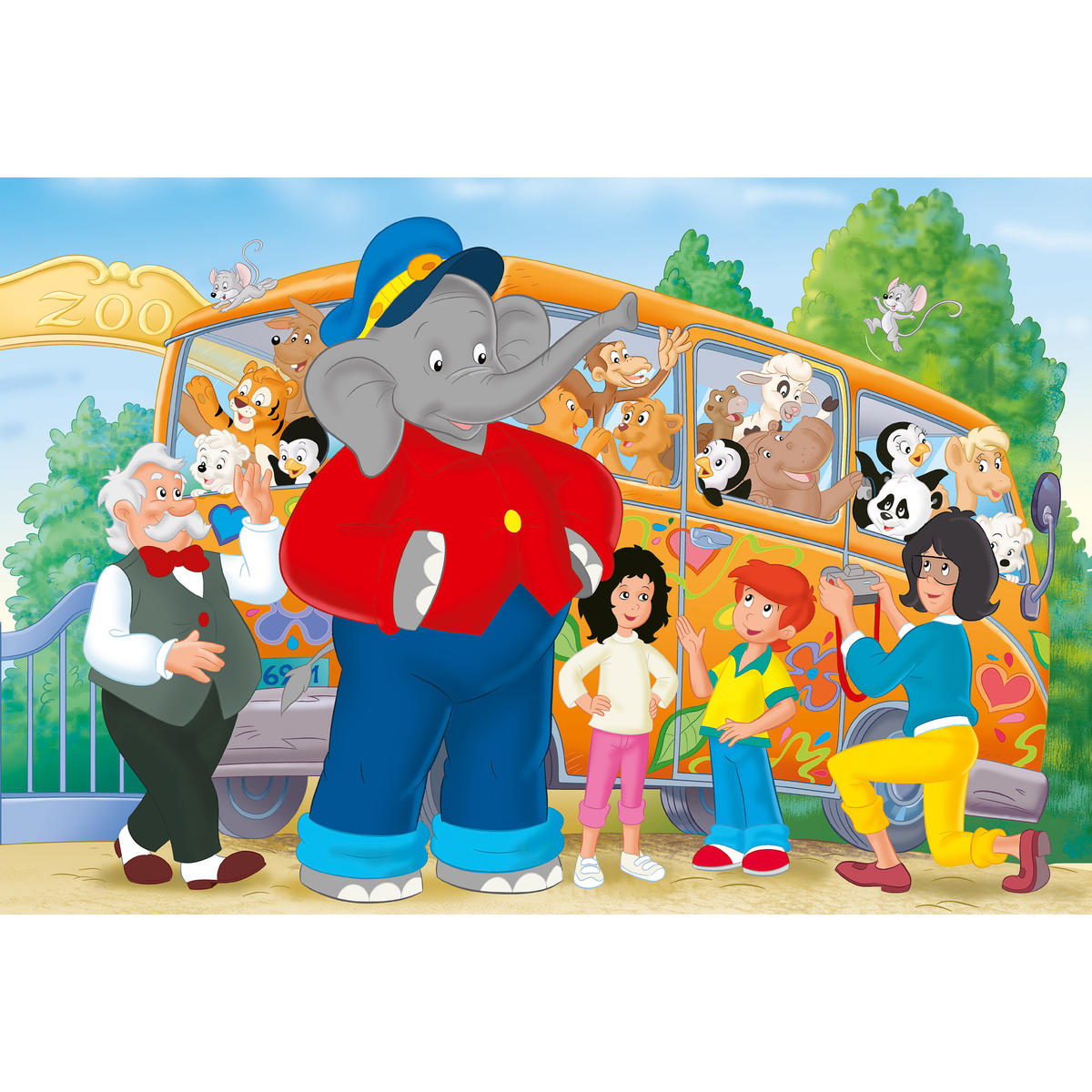 Eine Cartoon-Illustration eines Elefanten, eines Mannes, zweier Kinder und eines Busses mit Tieren drinnen und draußen.