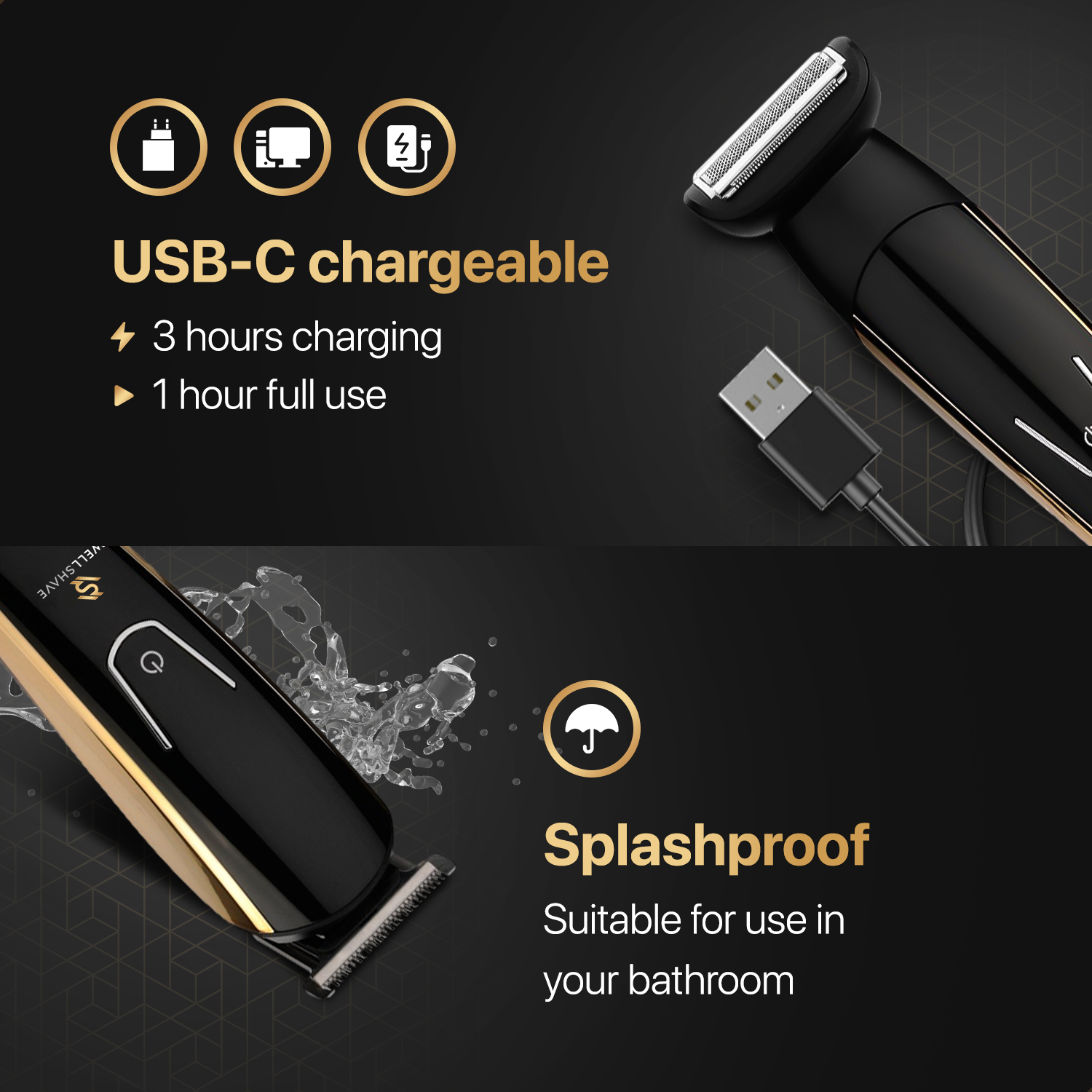 Ein schwarzer und goldener Elektrorasierer mit USB-C-Ladekabel und spritzwassergeschütztem Text.