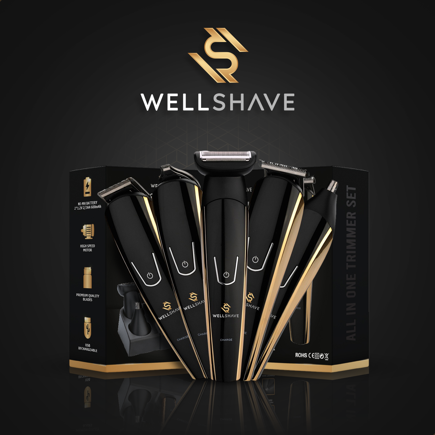 Ein Set schwarzer und goldener WellShave Trimmer in einer Box. Die Box enthält Produktdetails.