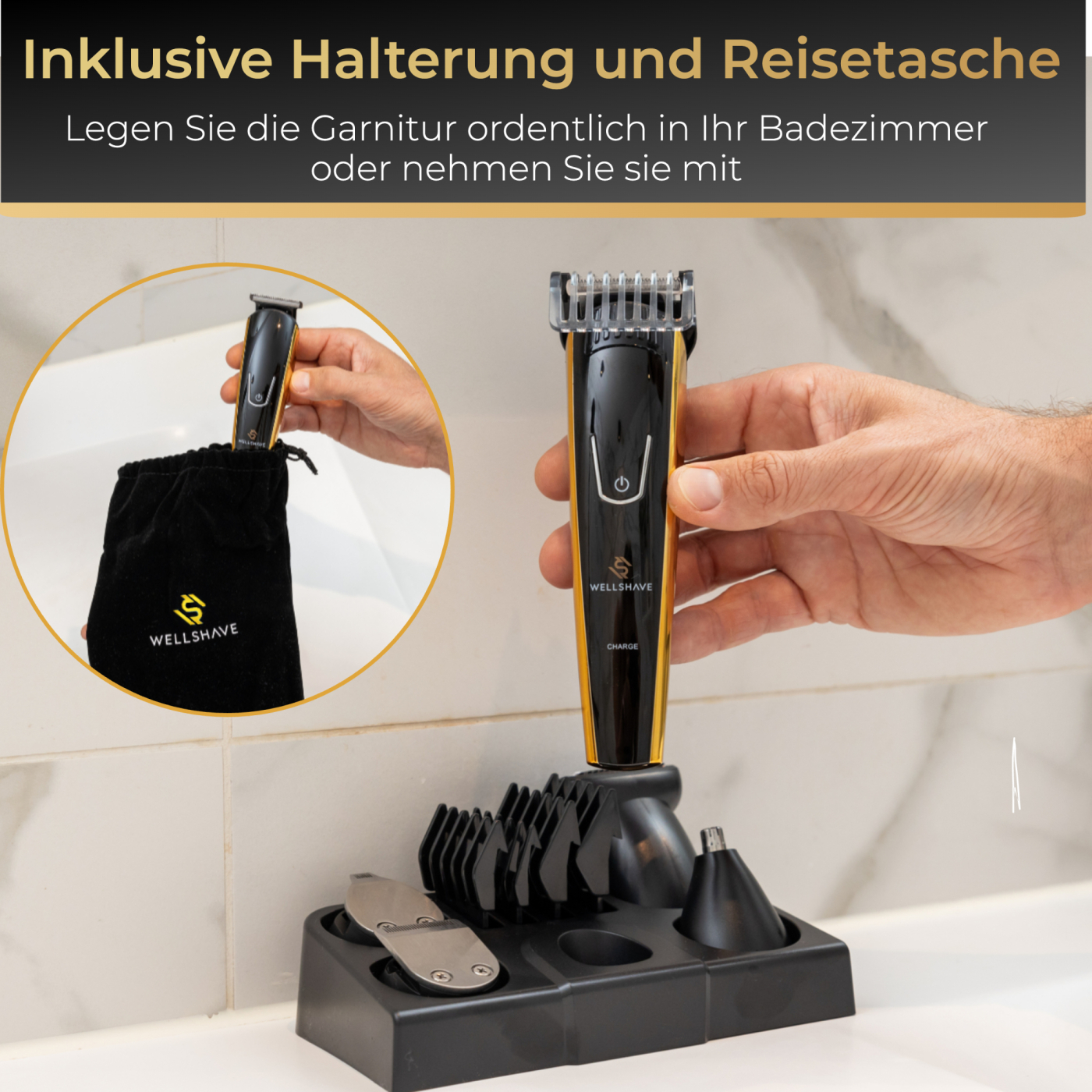 Ein Mann hält einen schwarzen elektrischen Trimmer. Der Trimmer befindet sich in einem Ständer mit Zubehör und einer schwarzen Tasche.