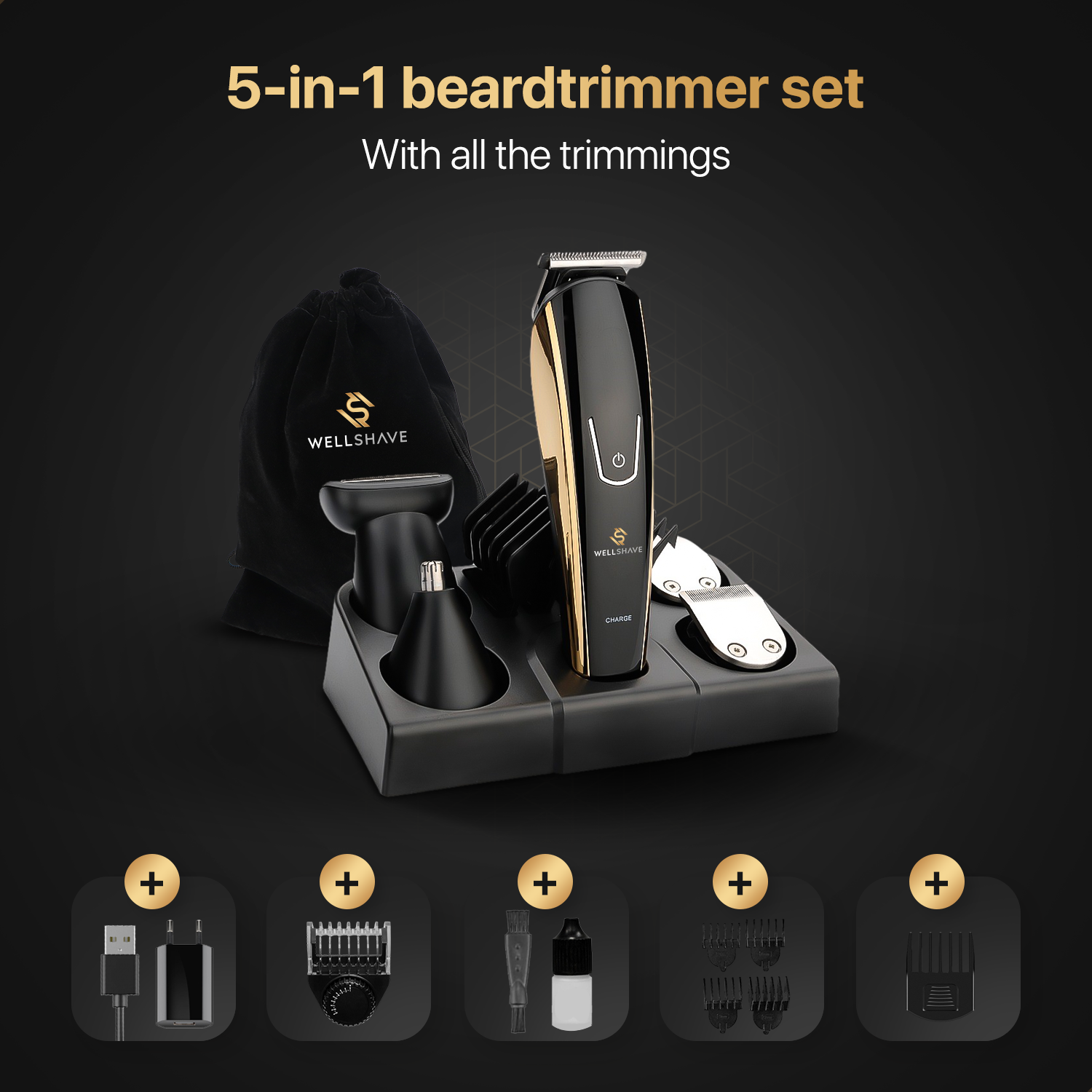 Ein 5-in-1 Bartschneider-Set mit Zubehör: Ladegerät, Kämme, Öl und eine Aufbewahrungstasche.