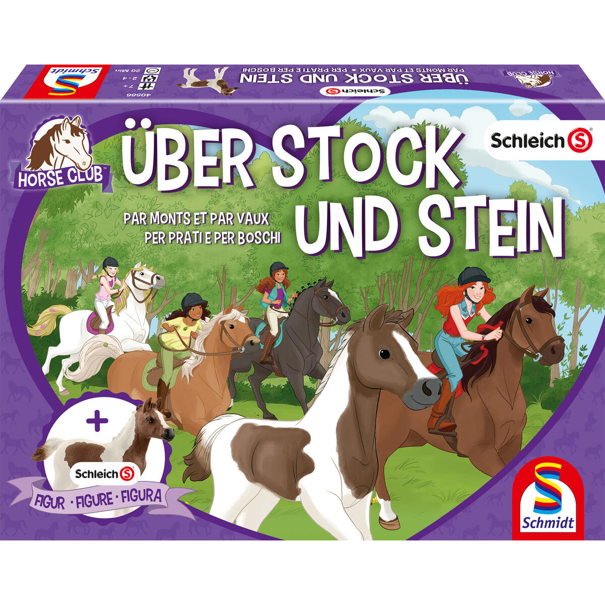 Kartenspiel mit Pferden und Reitern. Text: 'Über Stock und Stein' und 'Horse Club'.