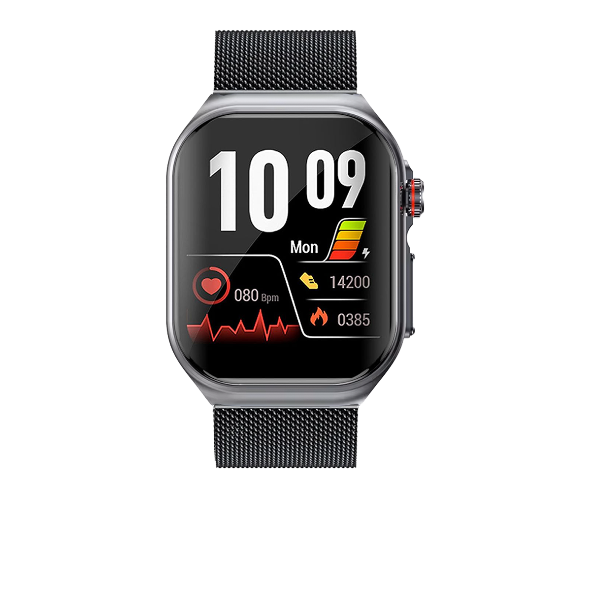 Smartwatch mit 10:09, Fitnessdaten und schwarzem Hintergrund.