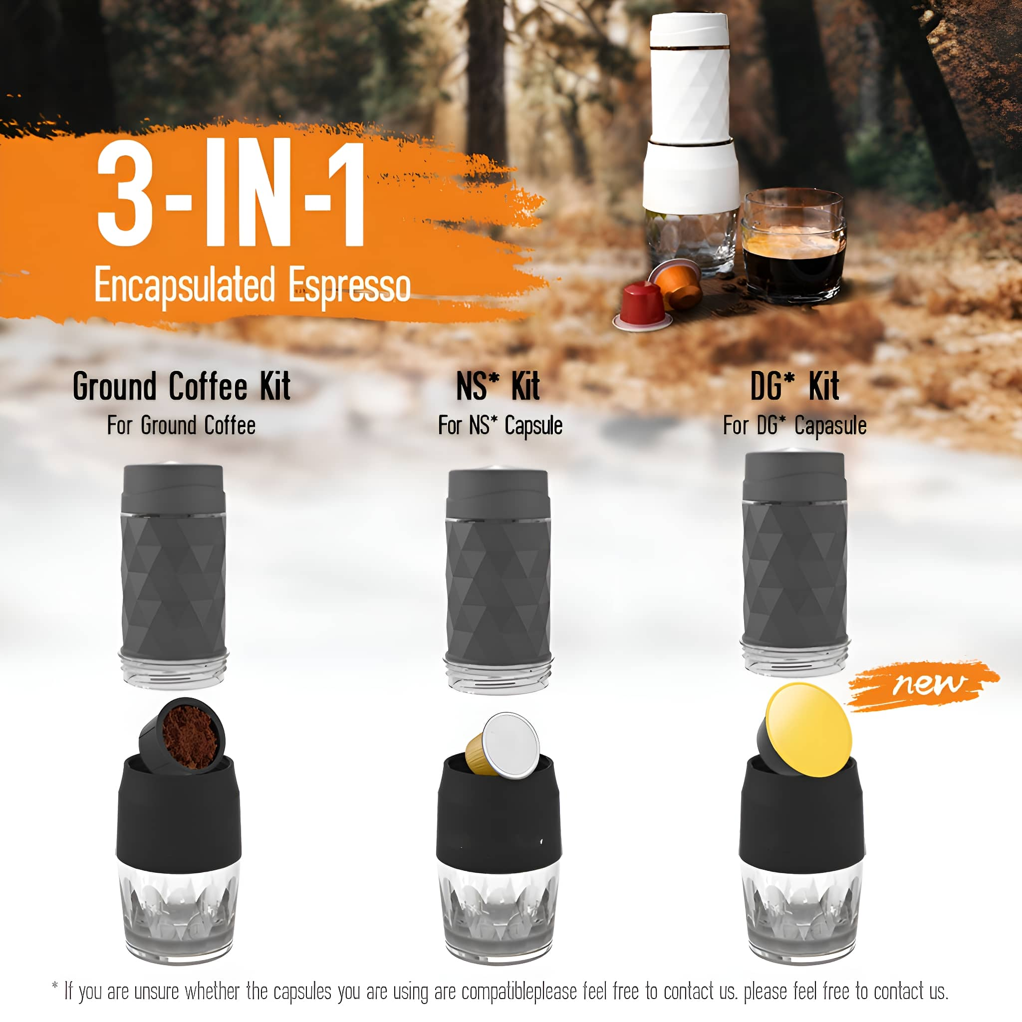 Drei Kaffeemaschinen-Kits für gemahlene, NS- und DG-Kapseln.