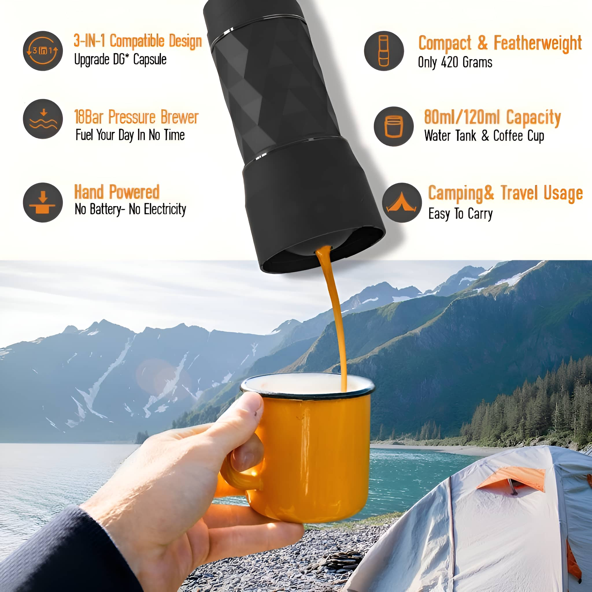 Eine Person gießt Kaffee aus einer schwarzen tragbaren Espressomaschine in eine gelbe Tasse.