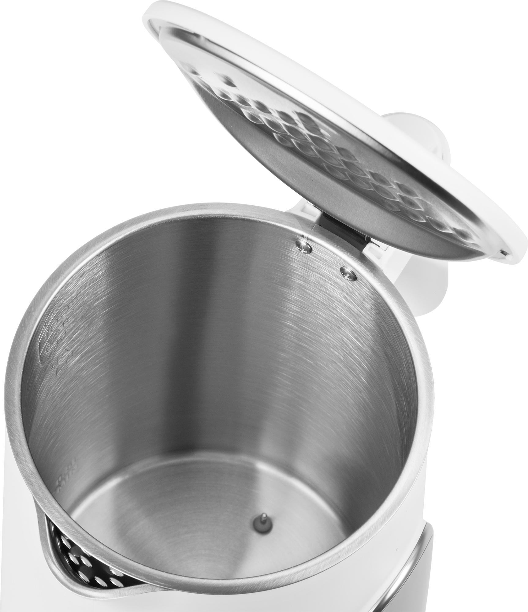 Czajnik elektryczny ze stali nierdzewnej, częściowo otwarty, pokazujący wnętrze. Biała obudowa.