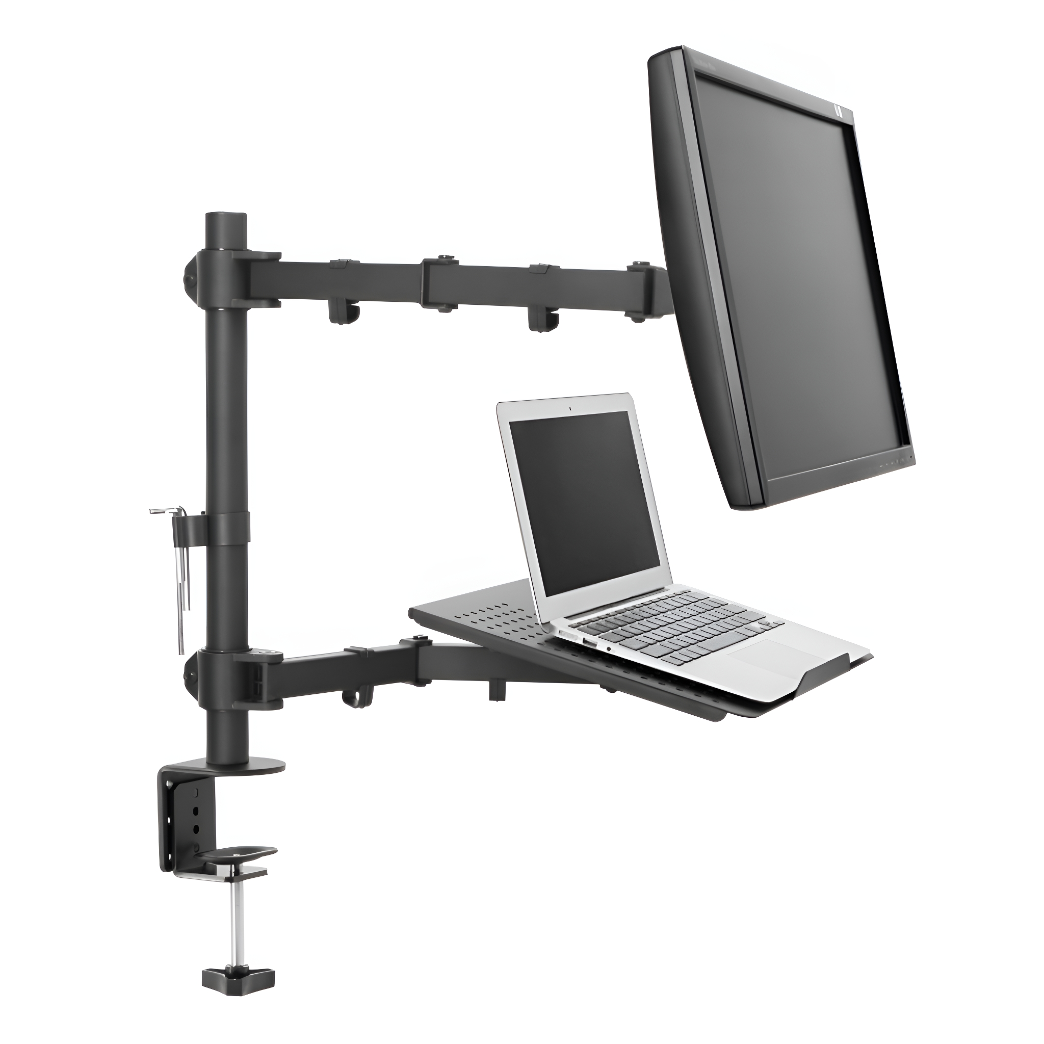 Ein schwarzer Monitor und Laptop, montiert auf einer schwarzen Schreibtischhalterung. Weißer Hintergrund.
