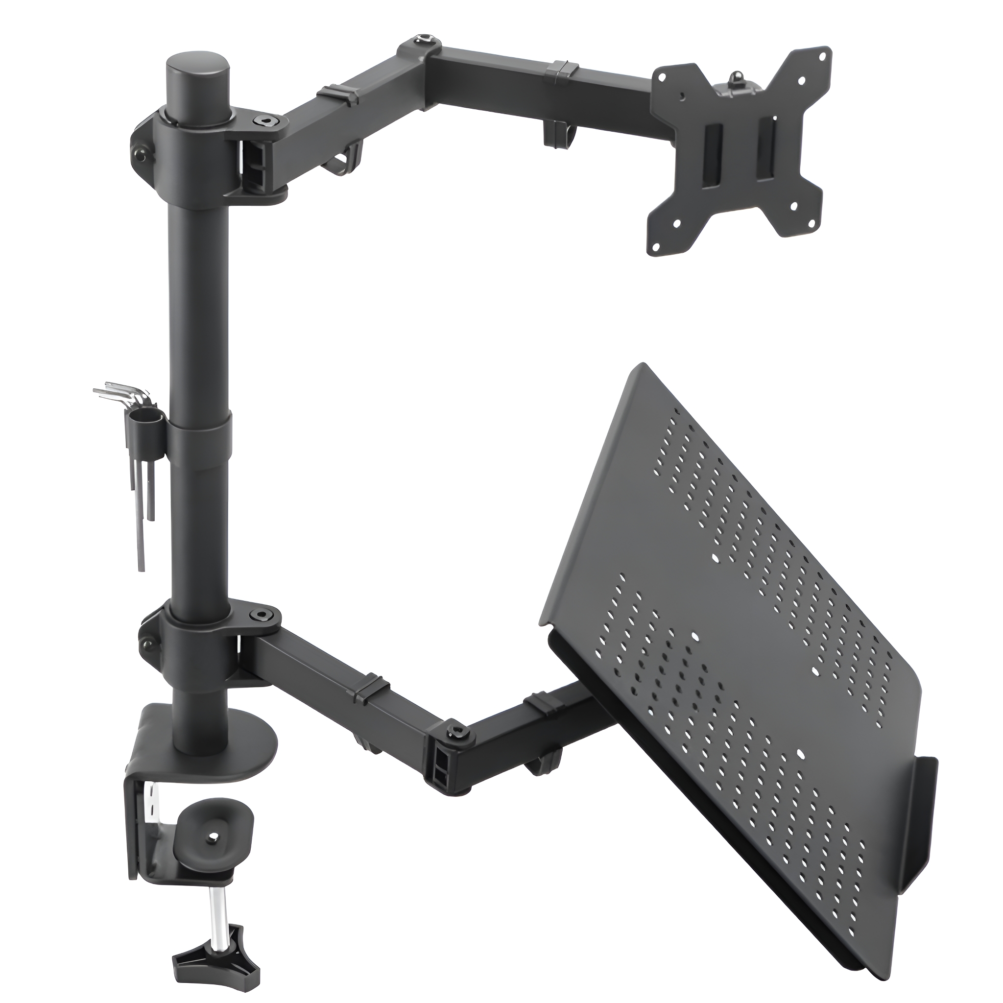 Ein schwarzer Monitorarm mit Laptop-Ablage.