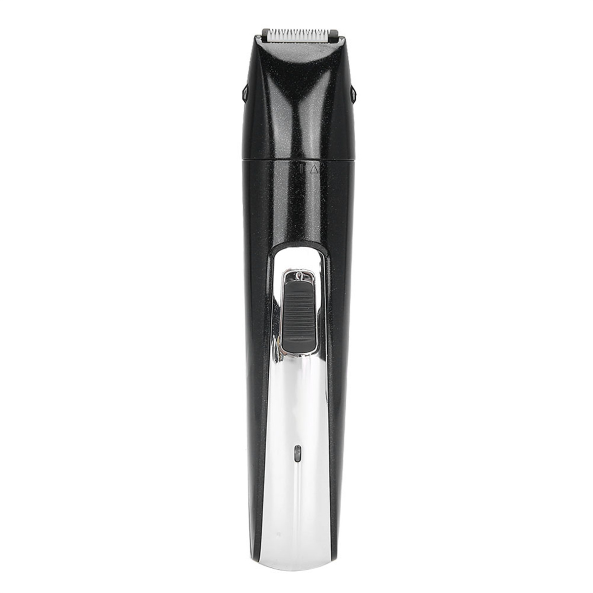 Schwarz-silberner elektrischer Trimmer. Er hat einen Einschalter und eine Klinge oben.