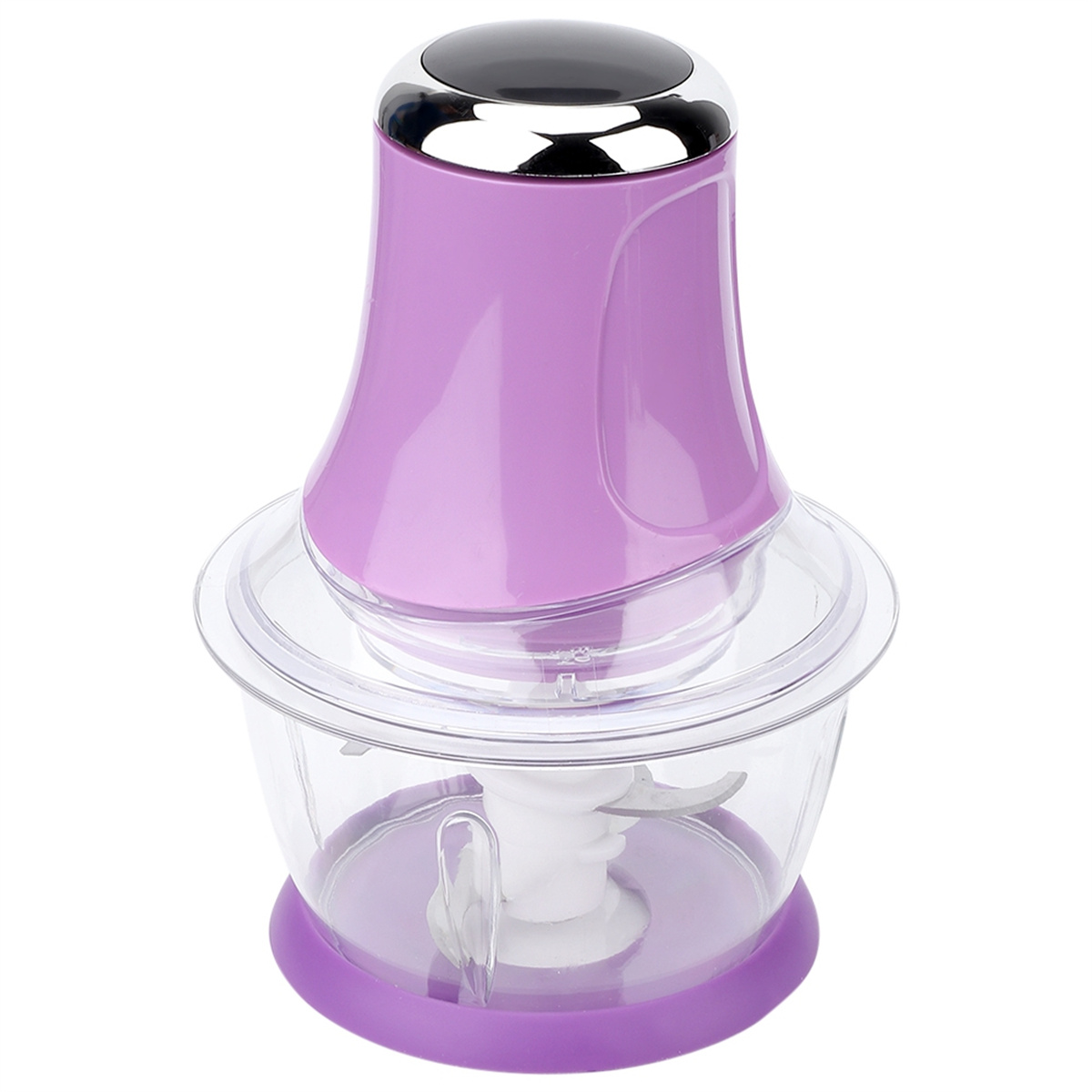 Ein lila-transparenter Zerkleinerer mit Motor oben und einem transparenten Behälter mit Klinge innen.