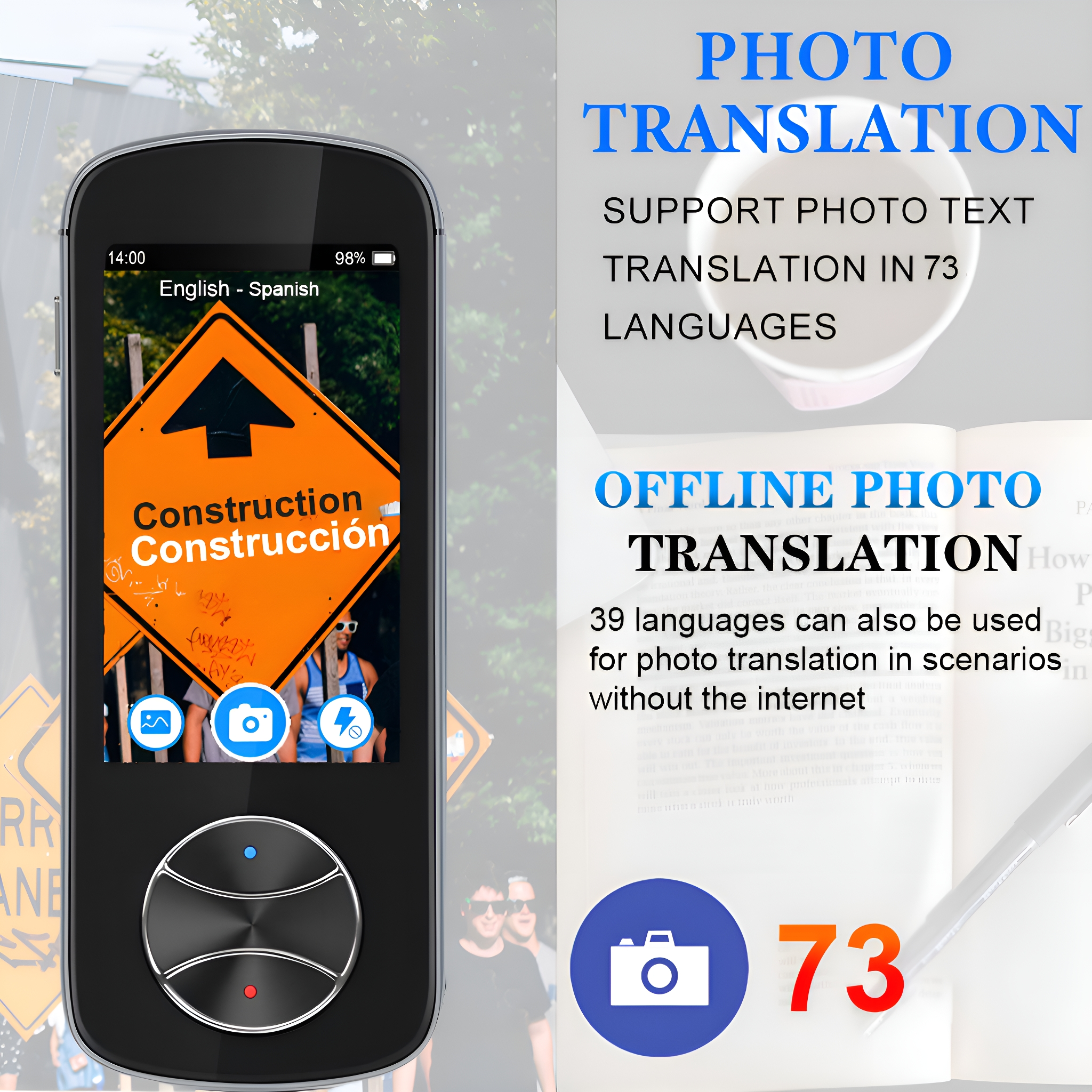 Tragbares Übersetzungsgerät, das Englisch-Spanisch-Text mit Fotos anzeigt. Text beschreibt Funktionen.