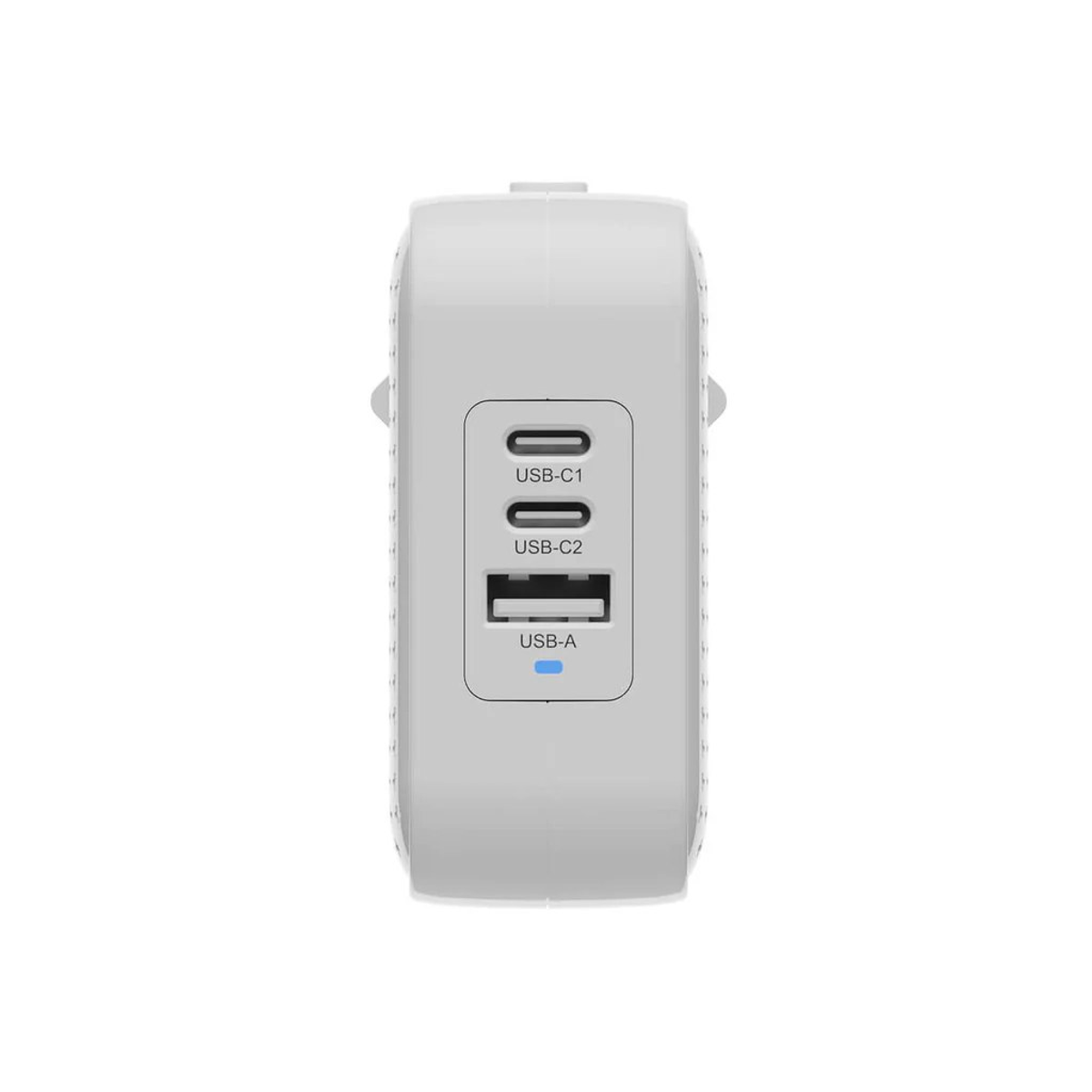 Cargador USB blanco. Tres puertos: USB-C1, USB-C2 y USB-A. Blanco, con diseño limpio.