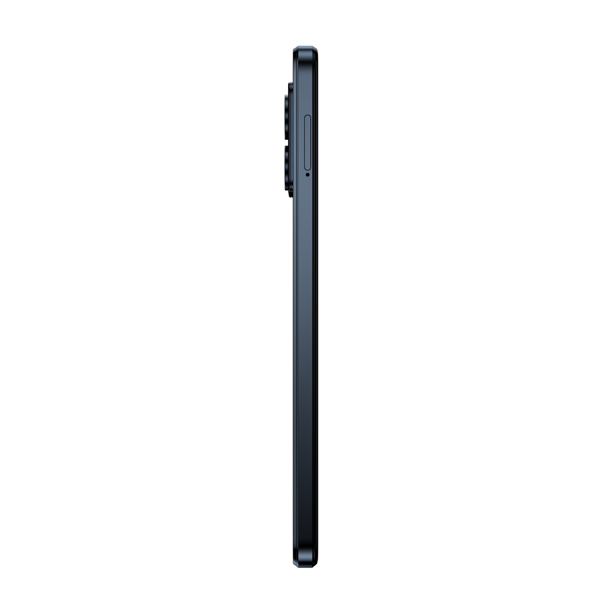 Widok z boku czarnego smartfona. Telefon ma moduł aparatu i przyciski z boku.