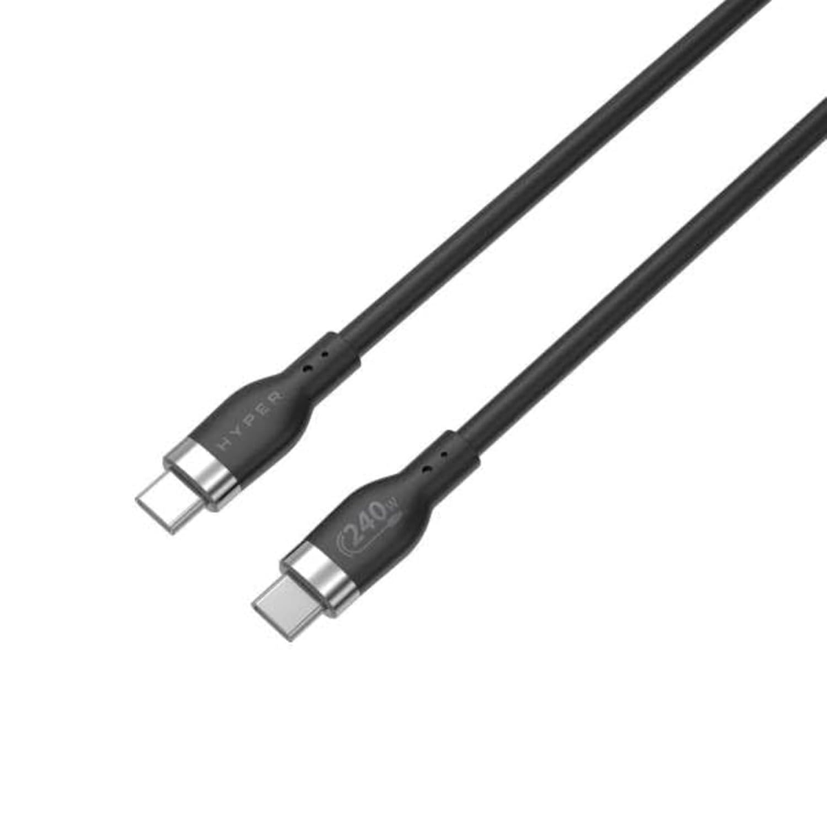 Dos cables USB-C negros con conectores en el extremo. Los cables están sobre una superficie blanca.