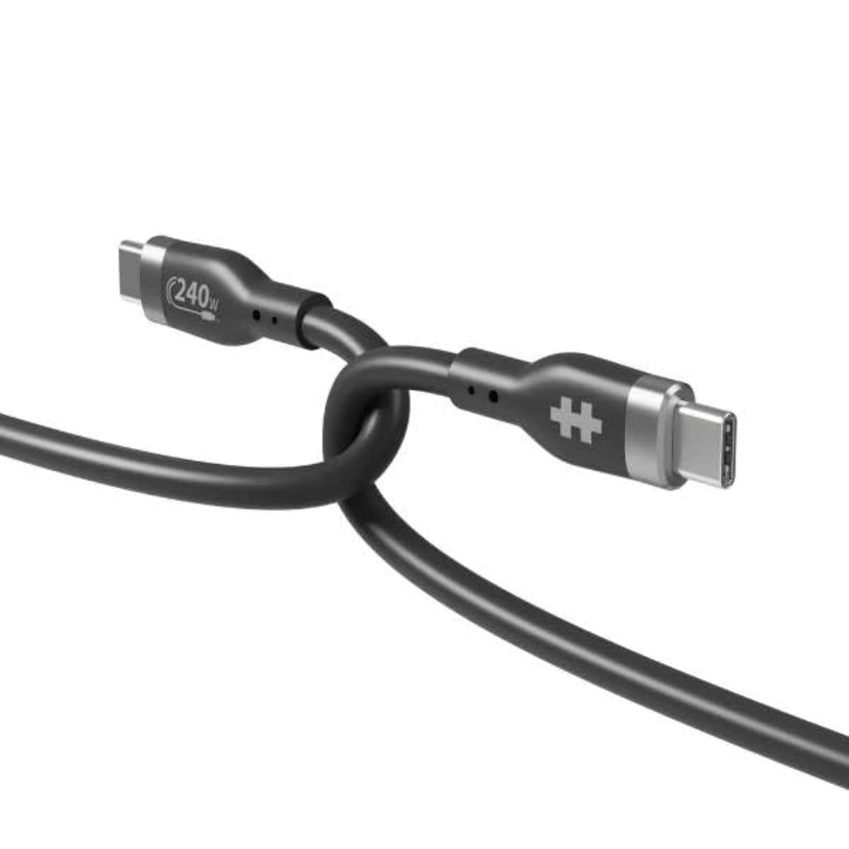 Cable USB-C negro anudado. Ambos extremos con conectores, cable negro y detalles grises.