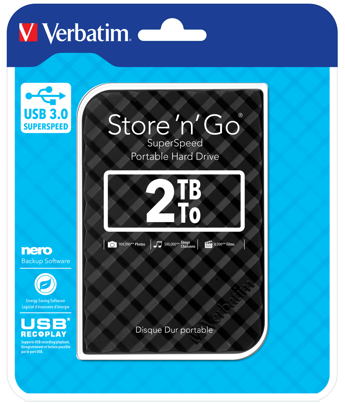 Dysk twardy Verbatim Store'n'Go 2 TB. Niebiesko-czarne opakowanie, USB 3.0, z oprogramowaniem Nero.