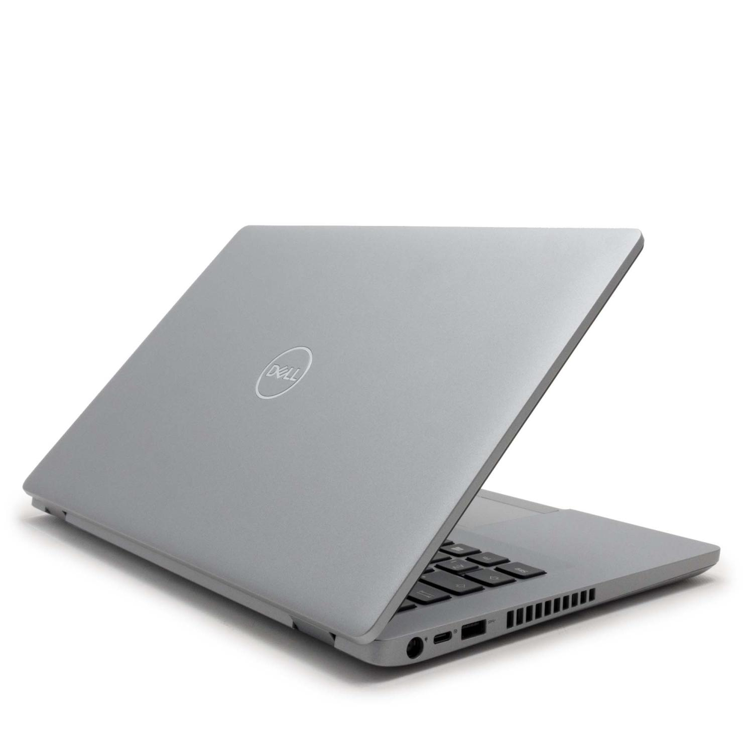 Ein silberner Laptop mit Dell-Logo auf dem Deckel ist leicht geöffnet, vor weißem Hintergrund.
