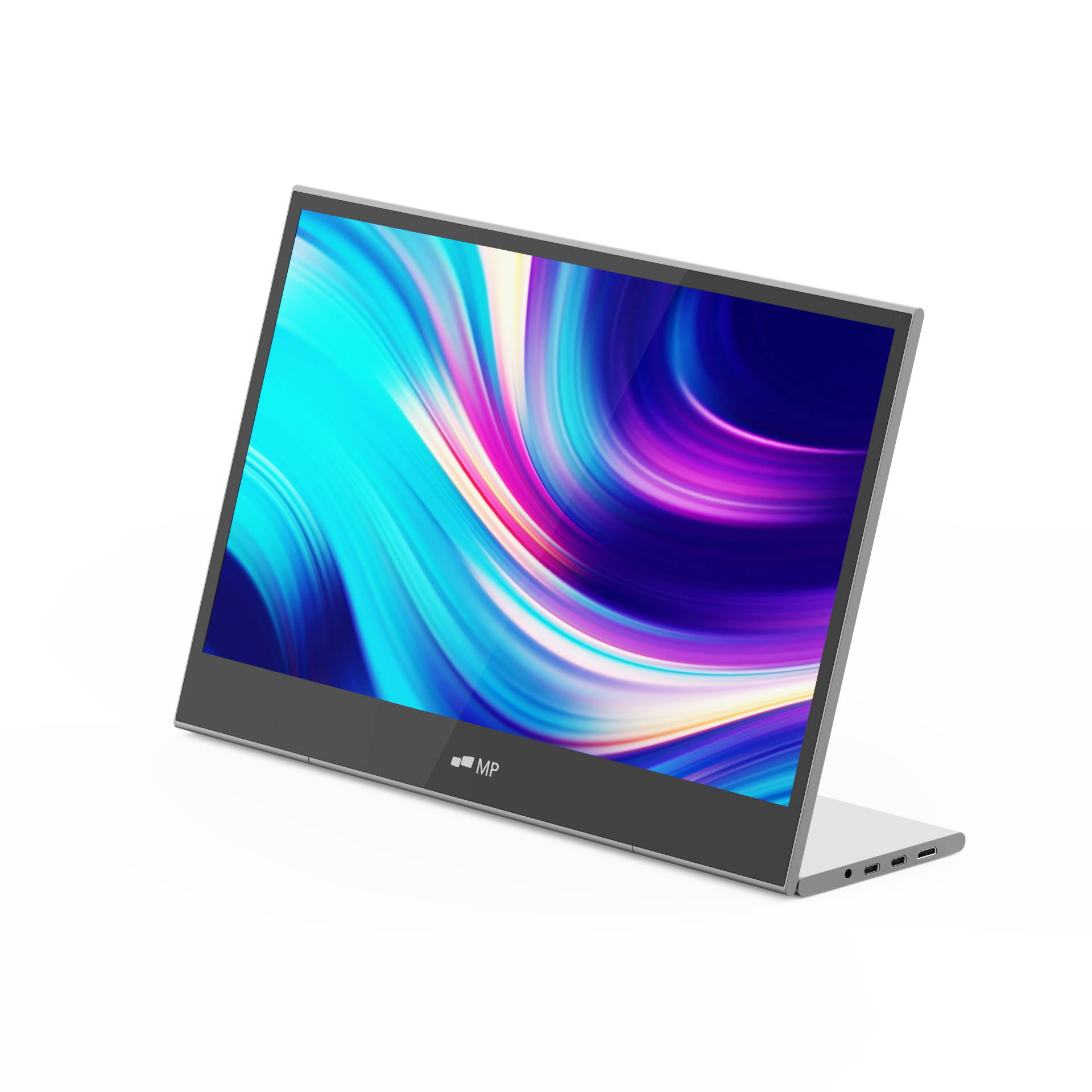 Ein silberner Laptop mit einem hellen, farbenfrohen Bildschirm. Er ist gegen einen weißen Hintergrund geneigt.