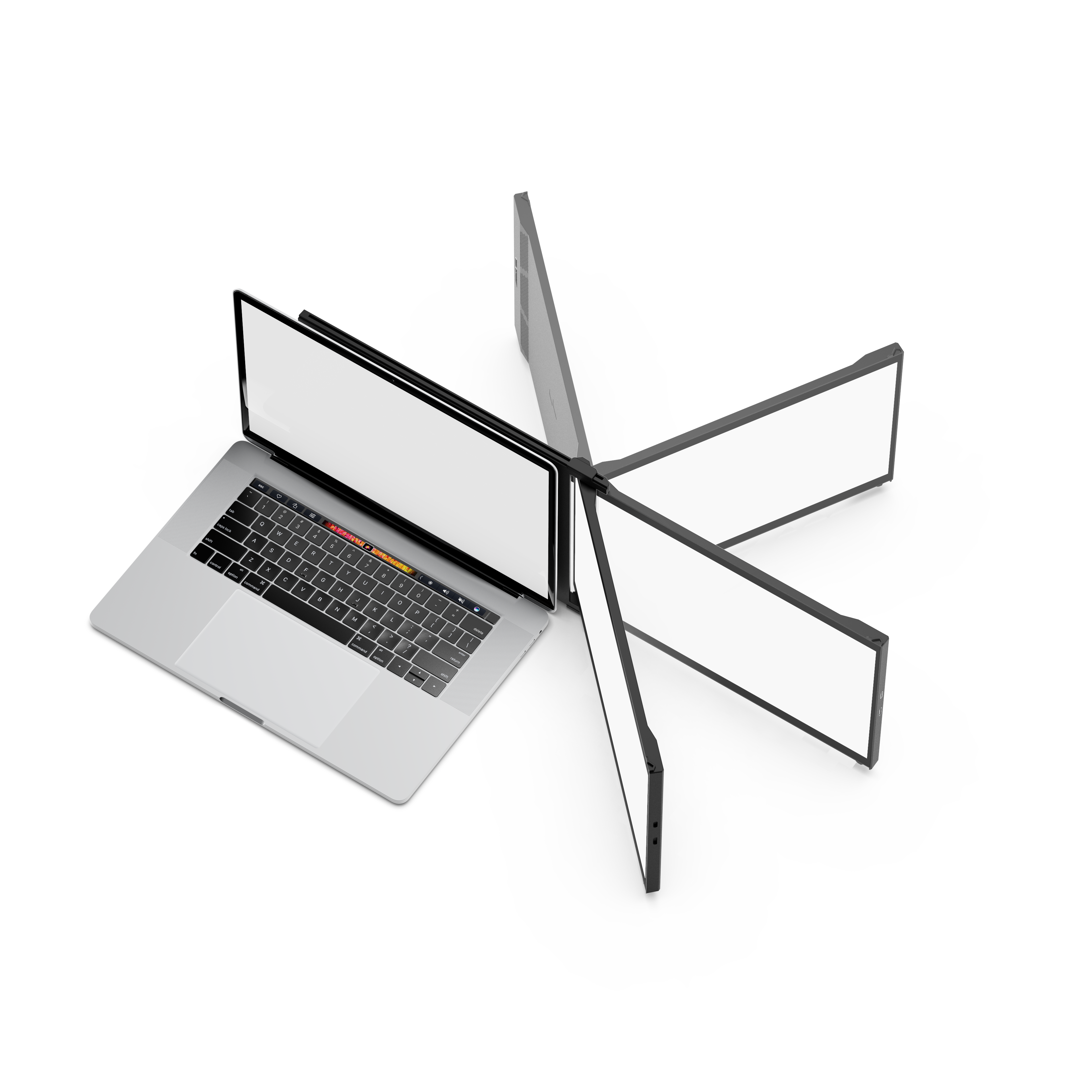 Laptop otoczony pięcioma pustymi ekranami w kształcie gwiazdy, na białym tle.