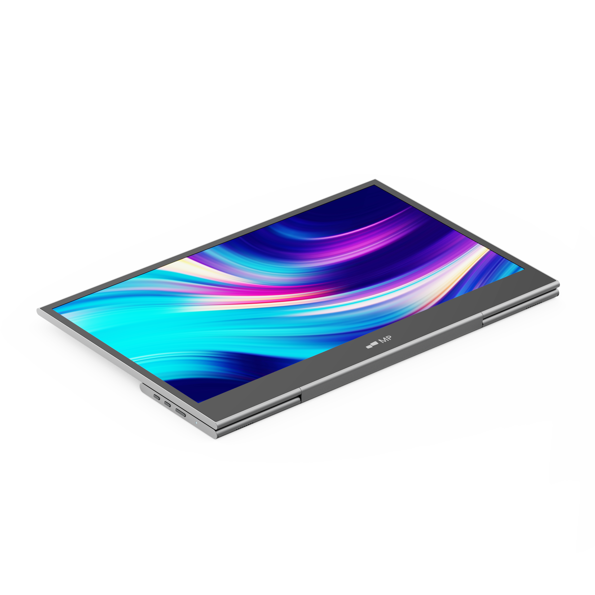 Ein geschlossener, grauer Laptop mit einem Bildschirm, der ein farbenfrohes, abstraktes Design zeigt, schräge Ansicht.