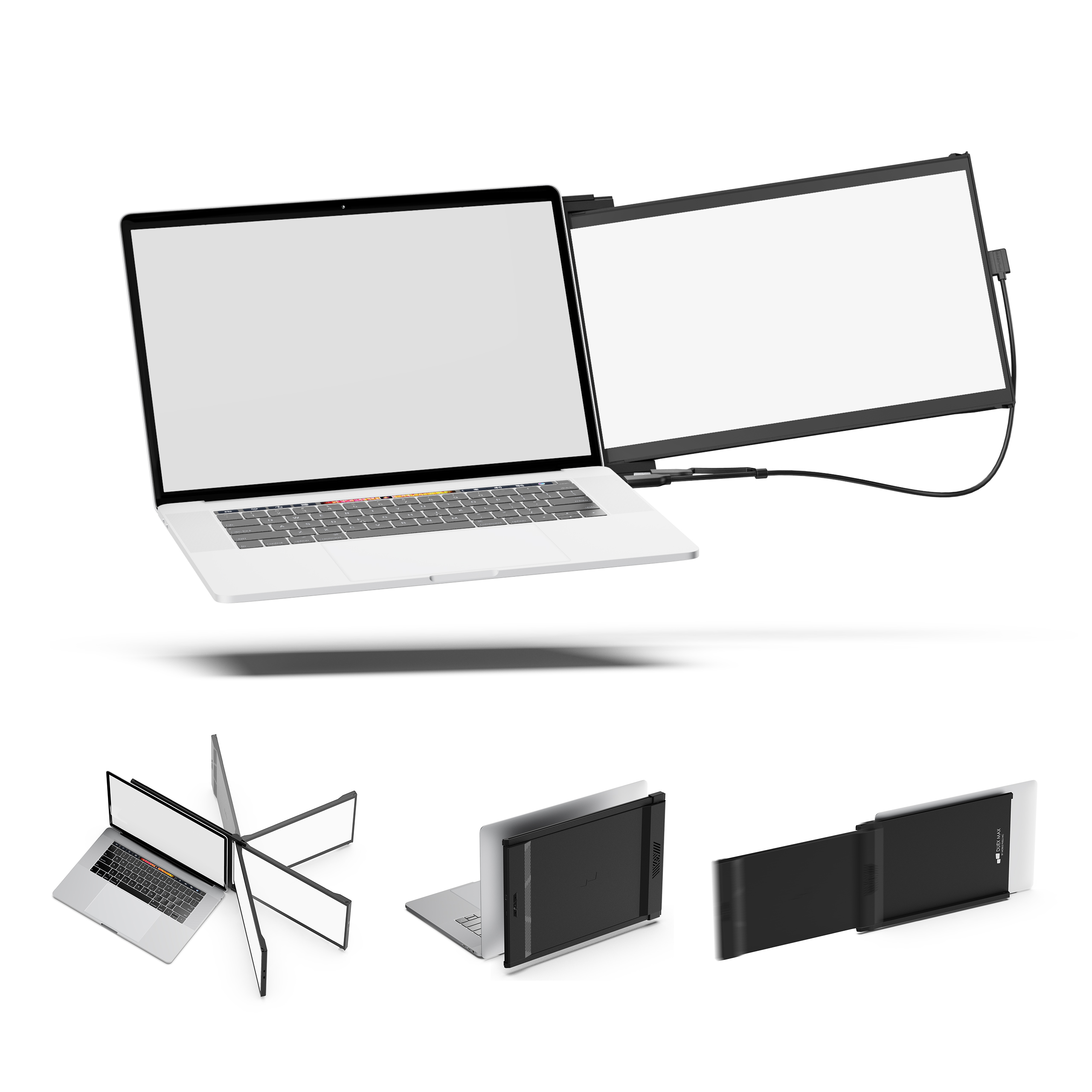 Laptop z podłączonym ekranem w kilku orientacjach. Wyświetla laptopa, ekran i różne konfiguracje.