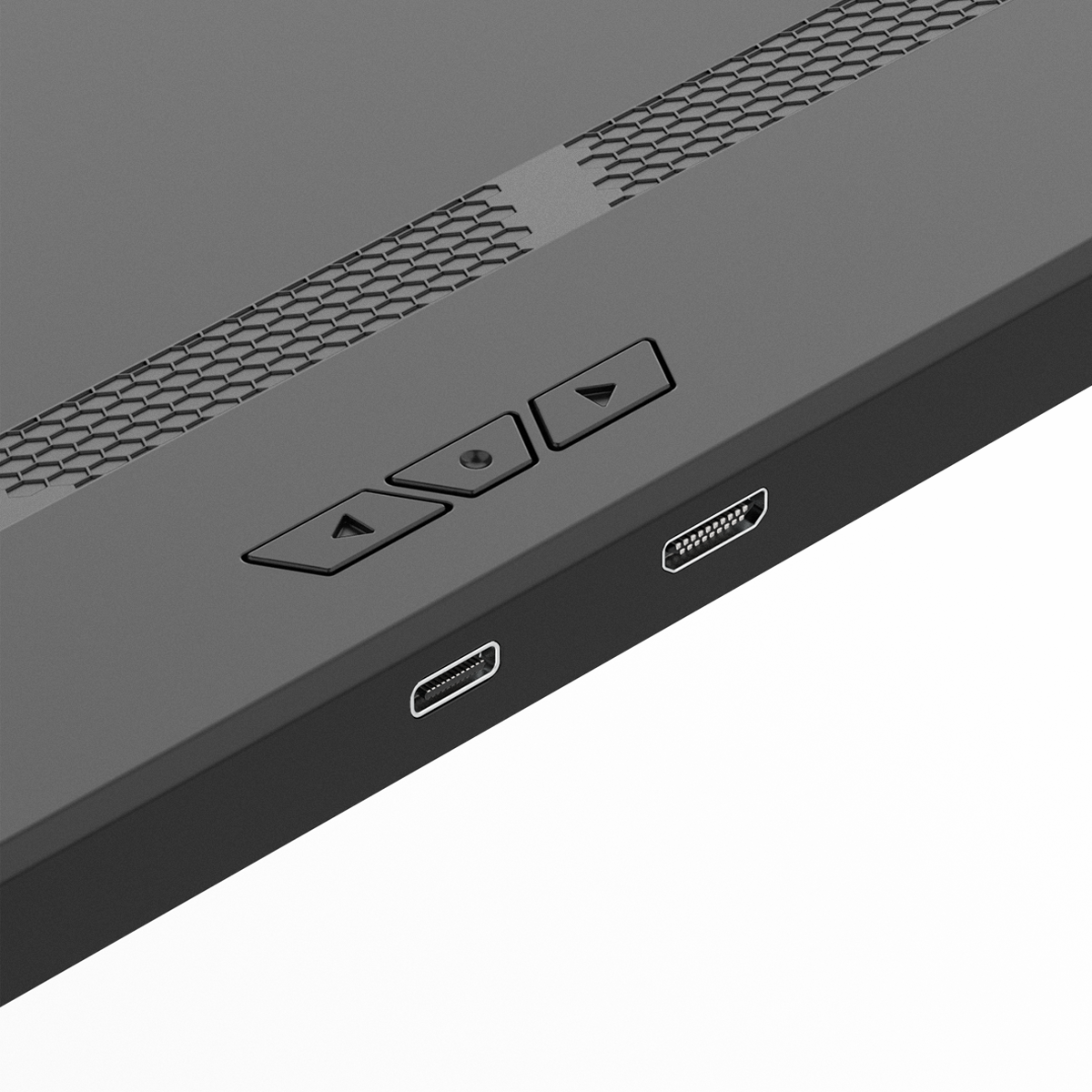 Zbliżenie ciemnoszarego urządzenia z przyciskami strzałek, portem USB i portem HDMI.