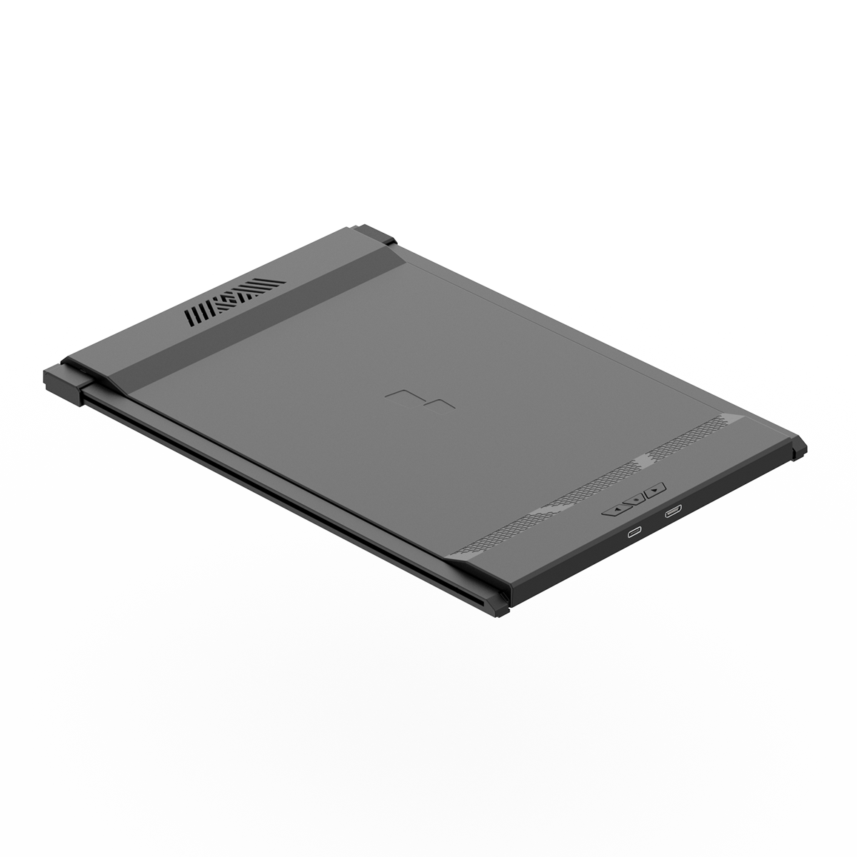 Zamknięty szary laptop na białej powierzchni. Górna część laptopa jest skierowana do góry.