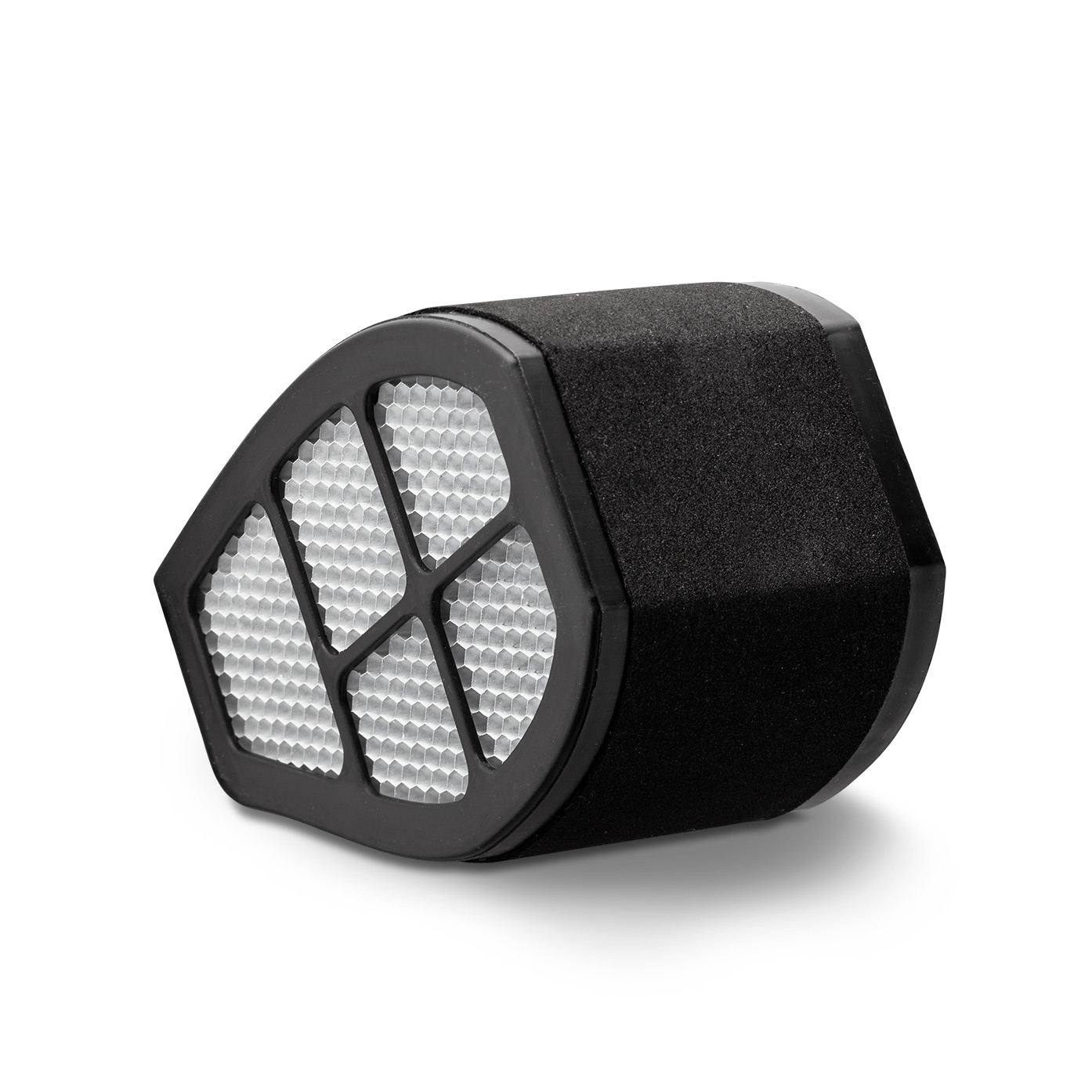A black and gray air filter with a honeycomb pattern, isolated on a white background.