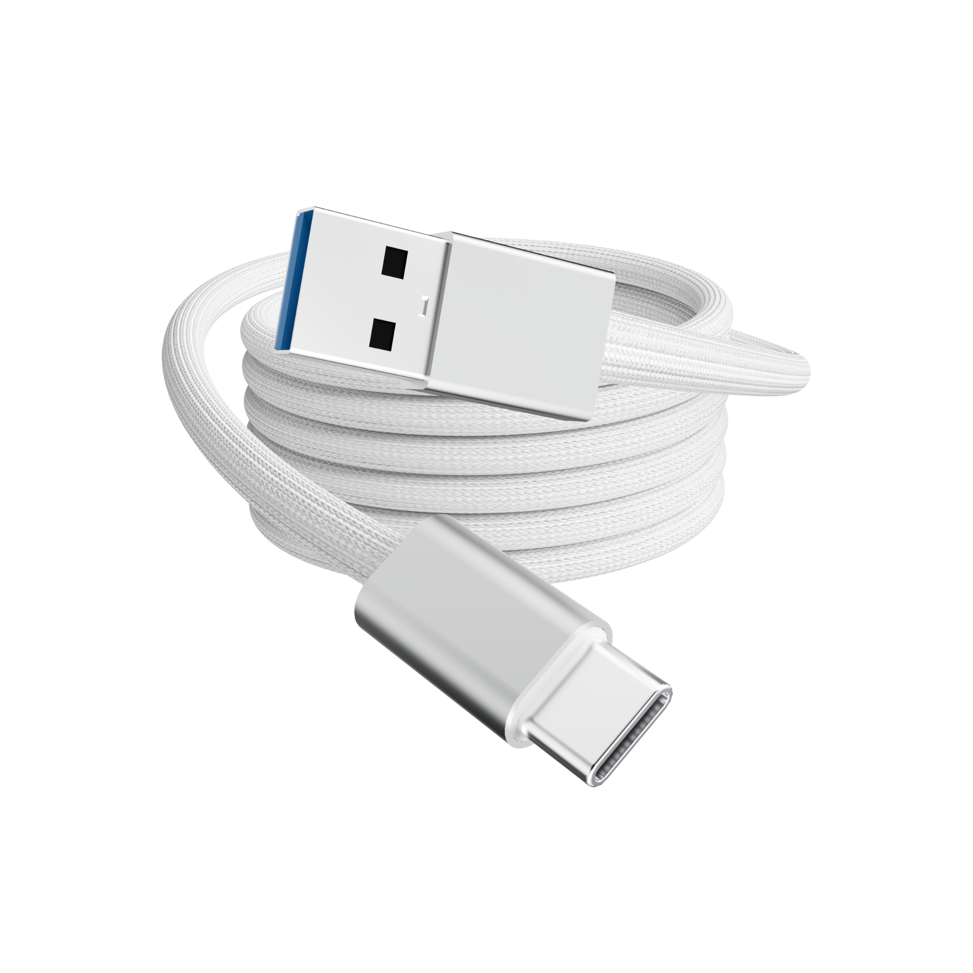 Witte gevlochten USB naar USB-C kabel. USB- en USB-C-connectoren aan elk uiteinde.