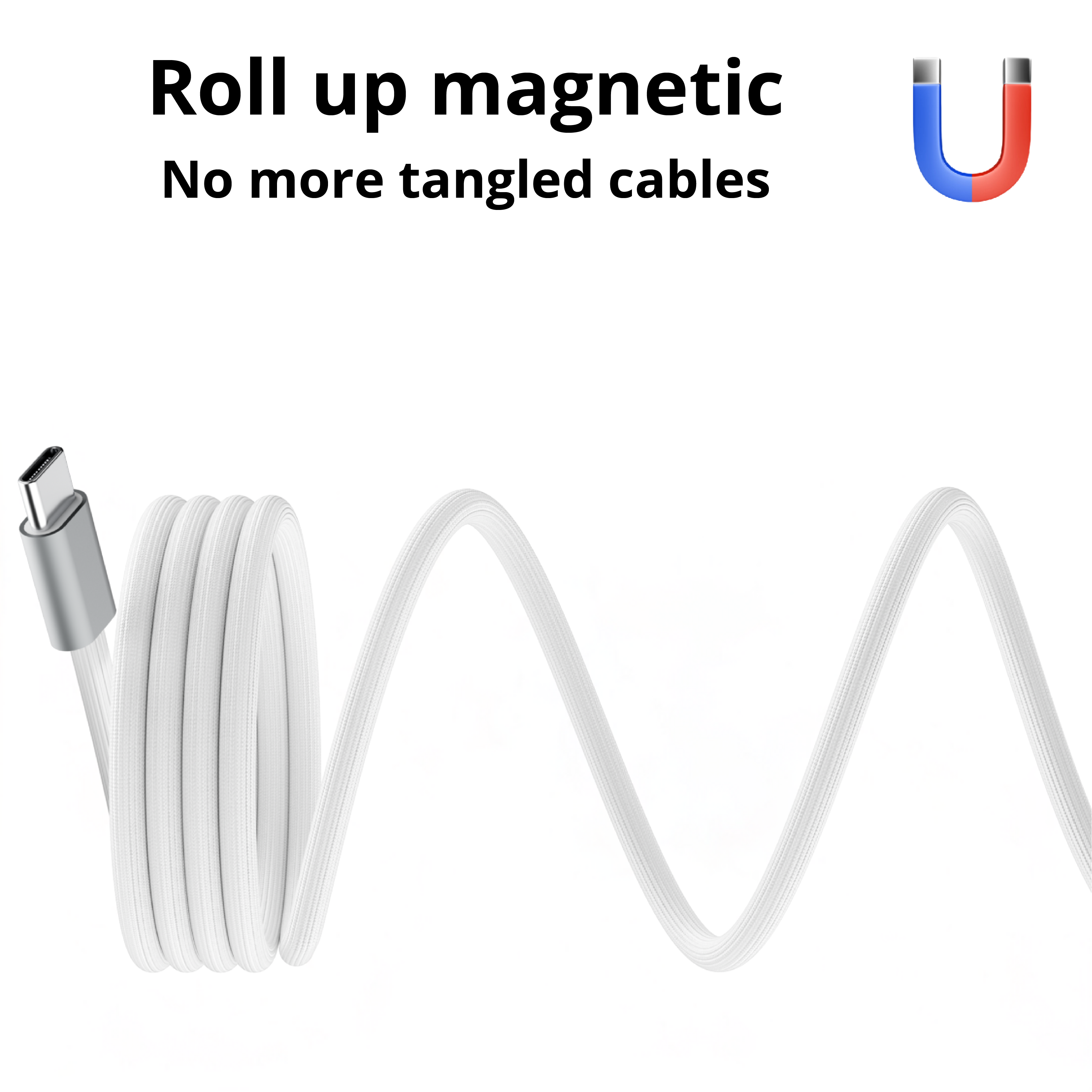 Een witte USB-C-kabel met zilveren punt, netjes opgerold. Een U-vormige magneet op de achtergrond.