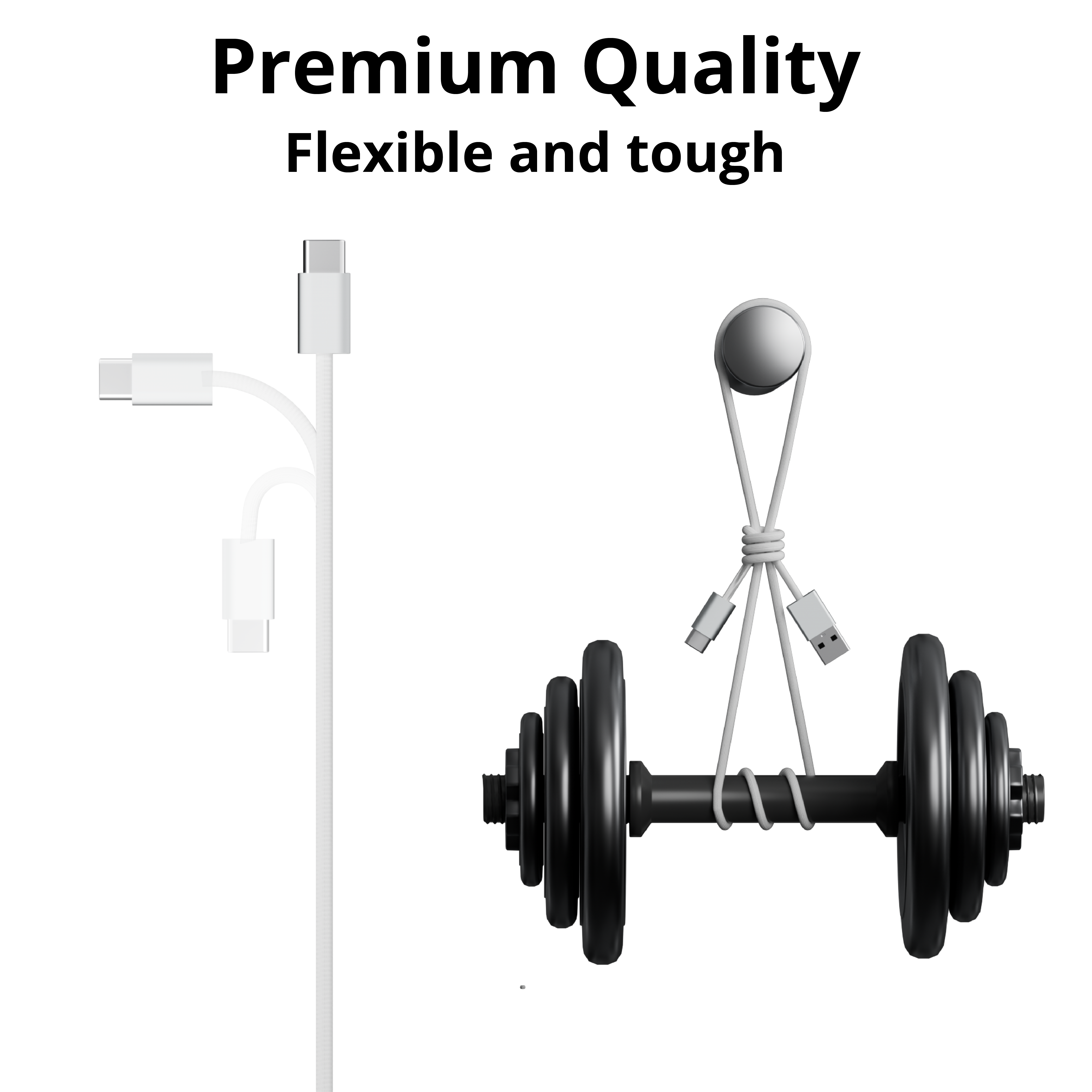 Witte USB-C-kabels zijn om een ​​halter gewikkeld, met een witte achtergrond. Tekst zegt Premium Kwaliteit.