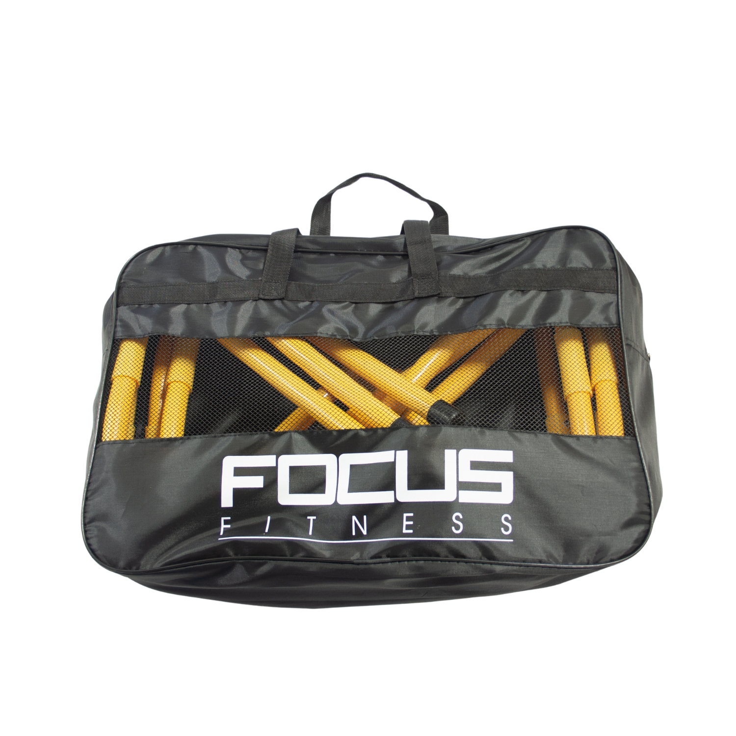 A black bag containing yellow training poles. The bag has the text "FOCUS FITNESS".