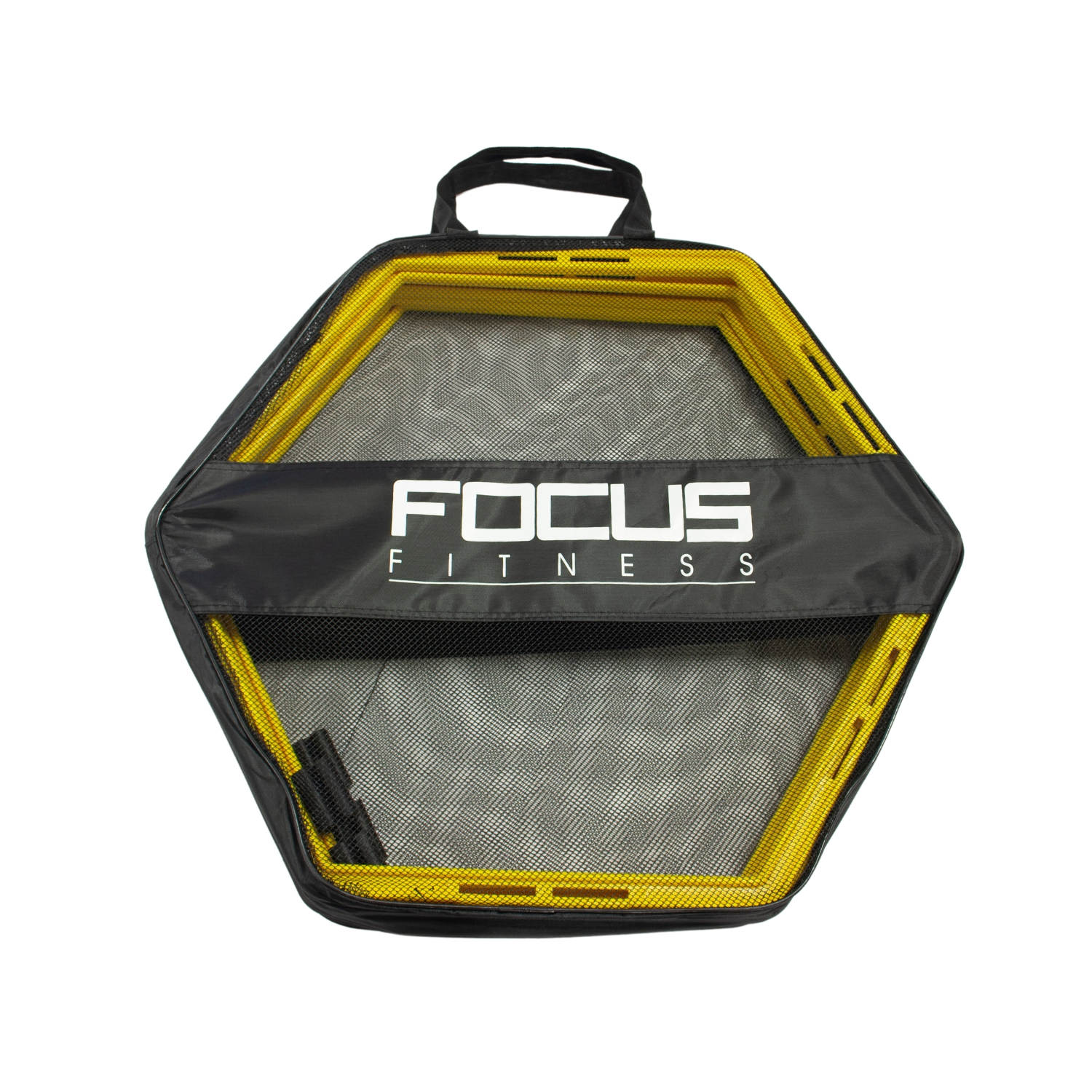 Un sac de sport noir avec des anneaux d'entraînement hexagonaux jaunes, le logo FOCUS FITNESS est visible.