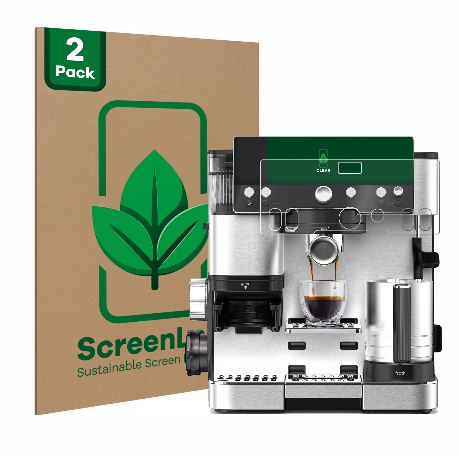 Kaffeemaschine mit Displayschutz. Silber und Schwarz mit einer Tasse Kaffee.