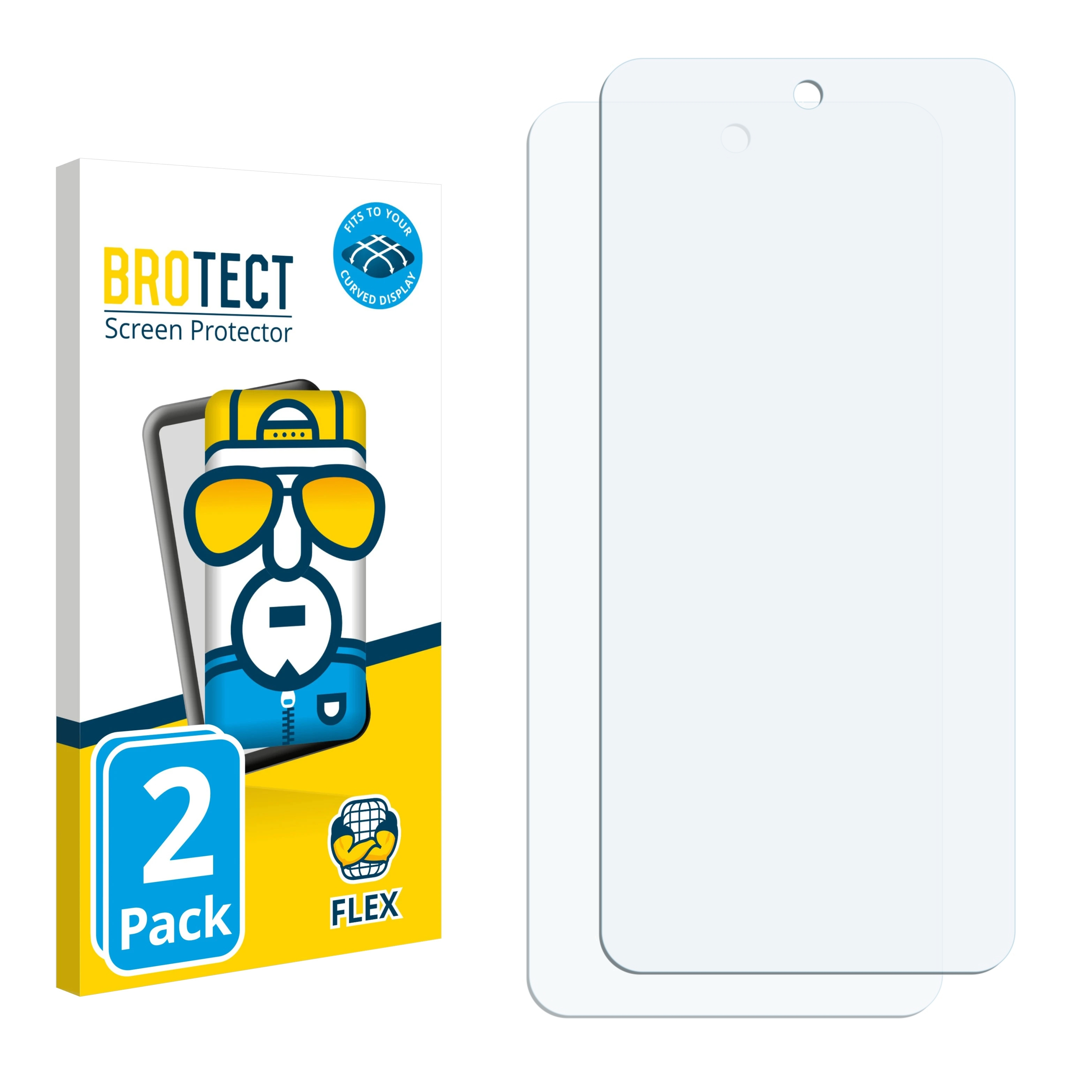Eine Displayschutzfolienbox mit Telefonillustration und zwei klaren Displayschutzfolien.