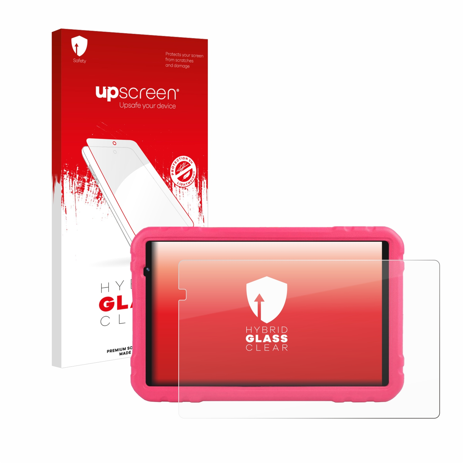 Tablet mit rosa Hülle und Displayschutzfolienbox, Hybridglas klar.