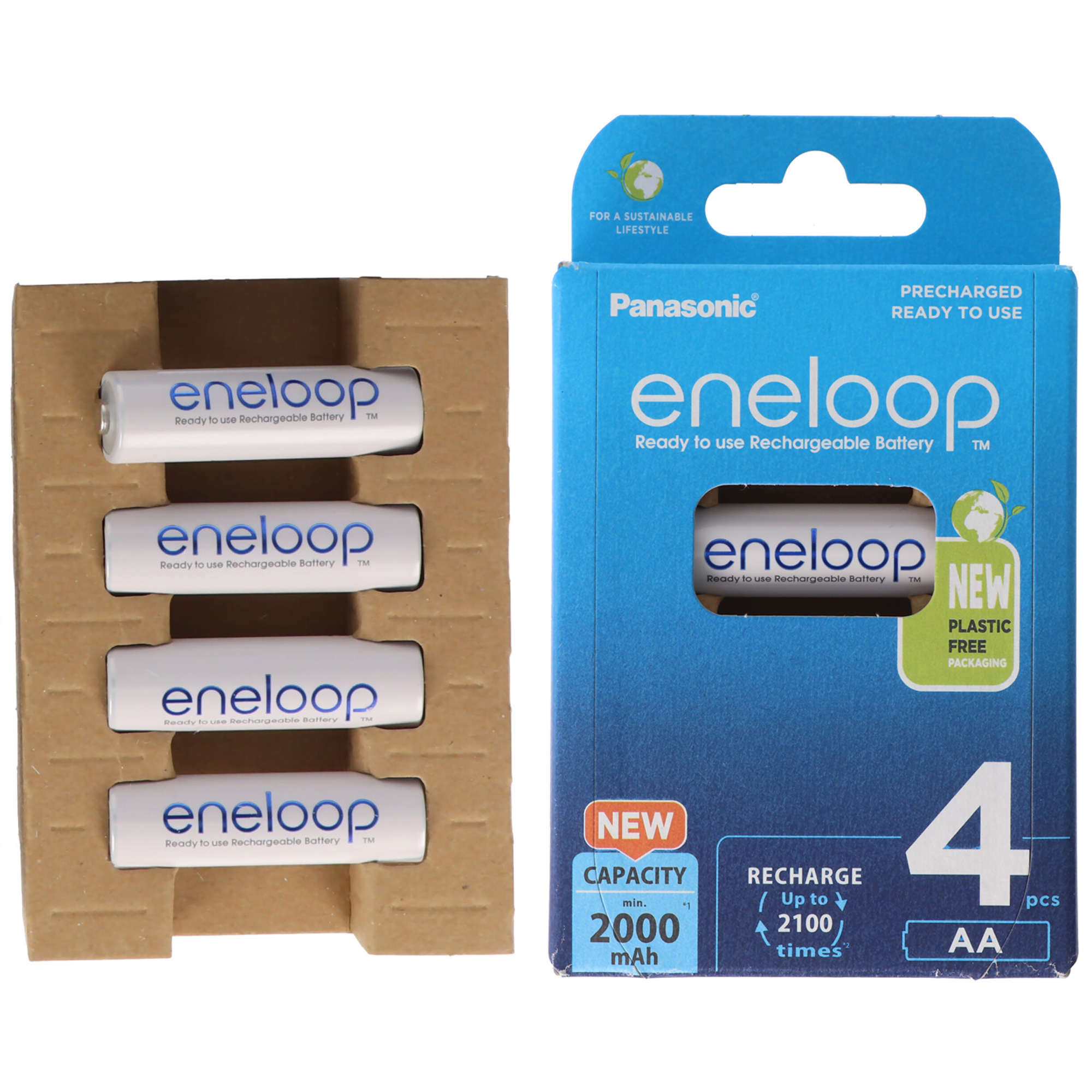 Vier AA-Batterien und eine Batterieverpackung. Weiß und grau. Verpackt in braunem Karton.