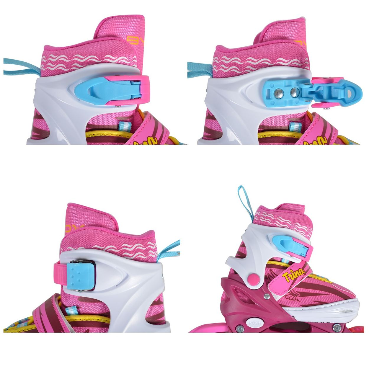 Vier Ansichten von rosa und weißen Rollschuhen. Weißer Hintergrund.