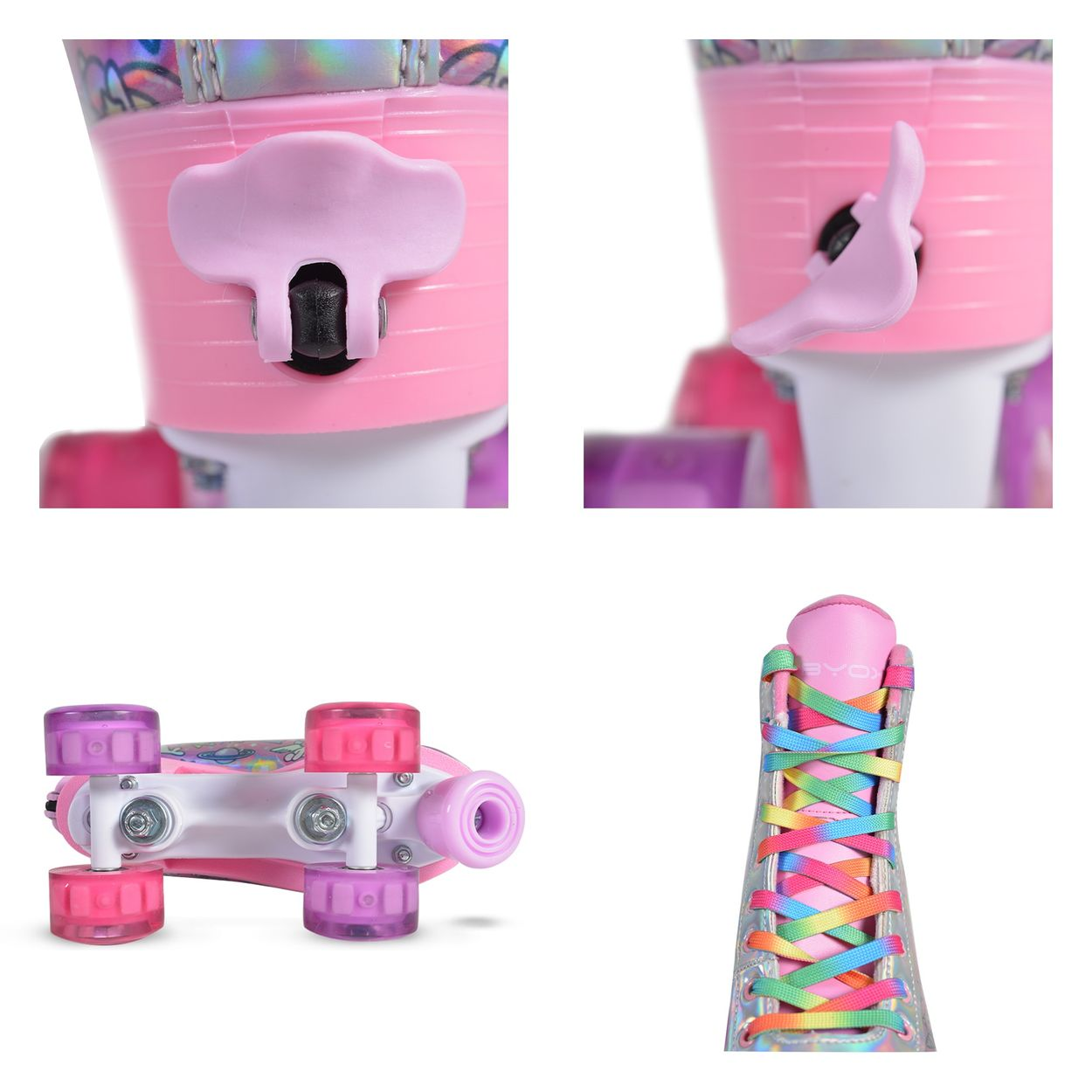 Nahaufnahme von Rollschuhen. Rosa Schuh und Rollen. Regenbogenfarbene Schnürsenkel. Weißer Hintergrund.
