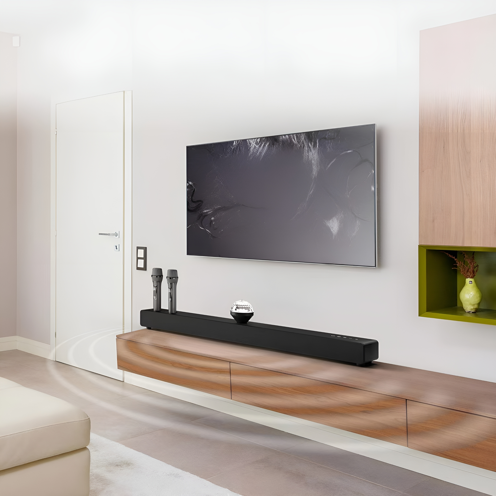Wohnzimmerszene mit Fernseher, Soundbar, Mikrofonen und einem Konsolentisch.