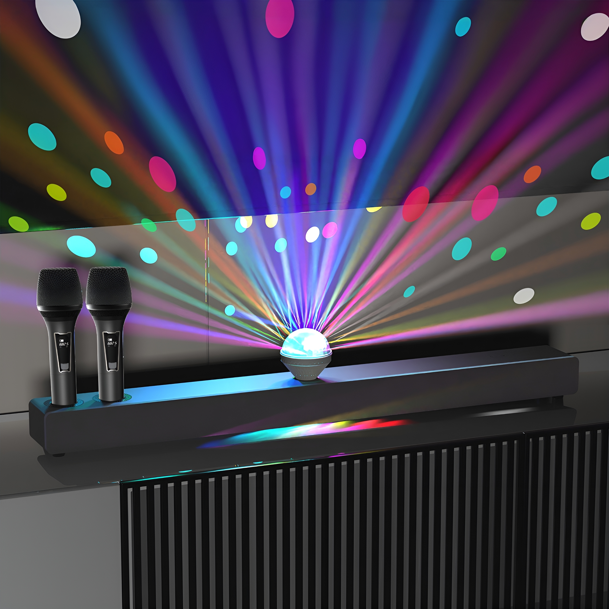 Zwei Mikrofone, eine Discokugel und ein Lautsprecher. Lichter, die auf die Wand projizieren.