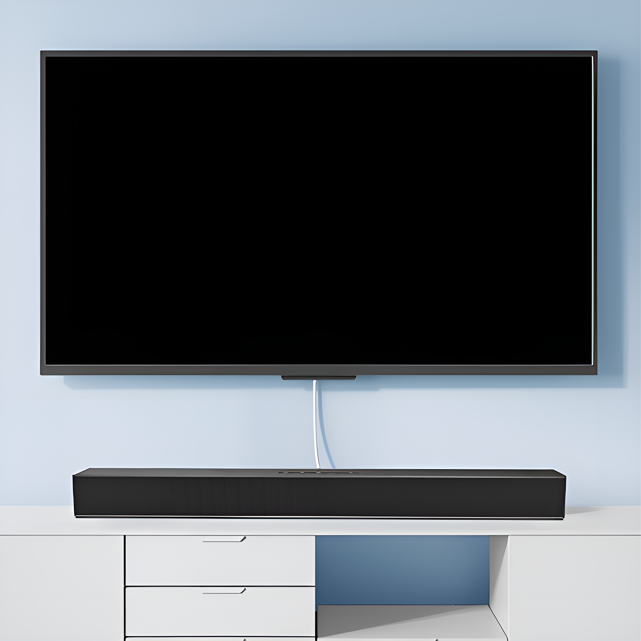 Eine schwarze Soundbar unter einem großen Fernseher auf einem weißen Schrank.