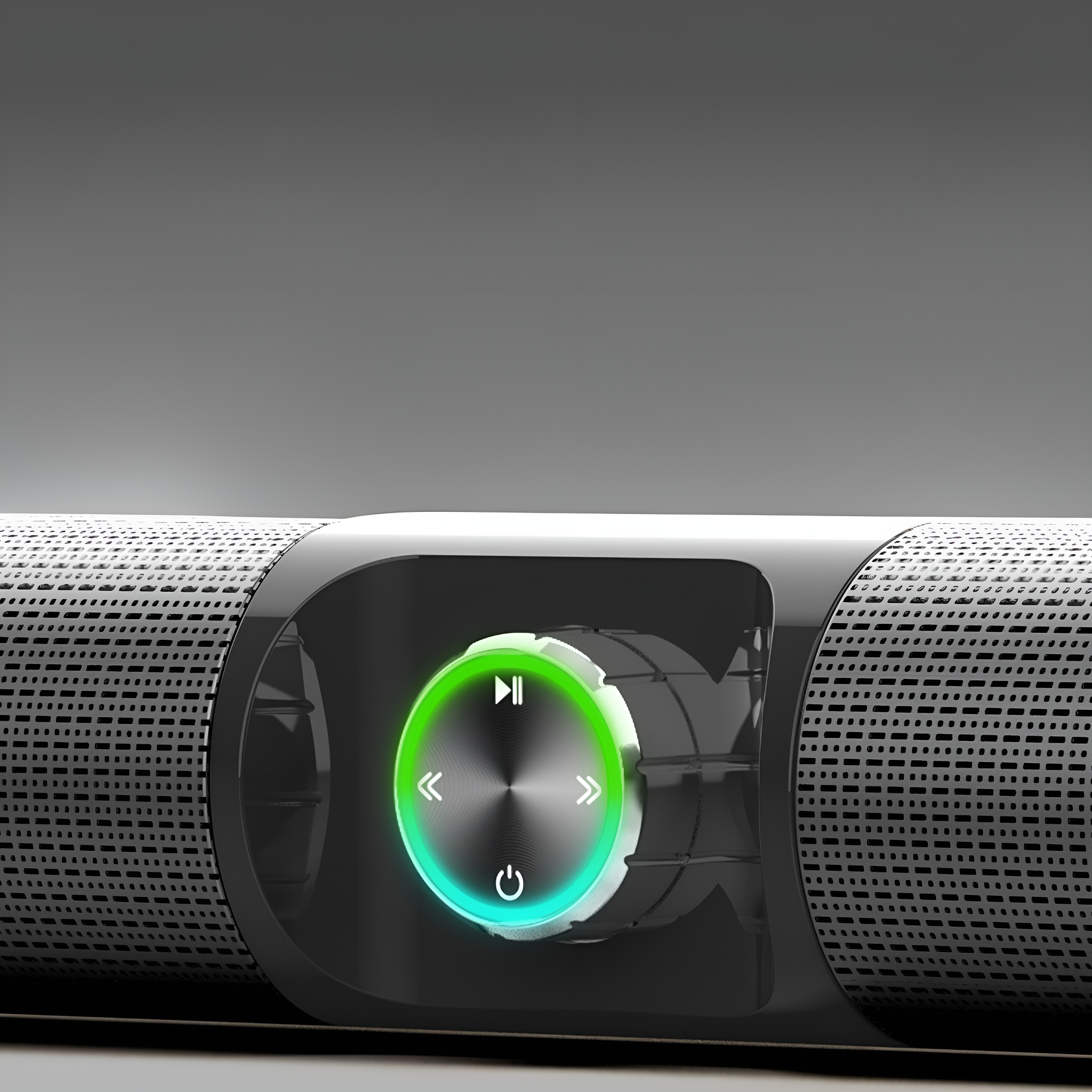 Schwarz-graue Soundbar mit Bedienfeld, Lautstärkeregler, Pfeilen und Ein-/Ausschalter.