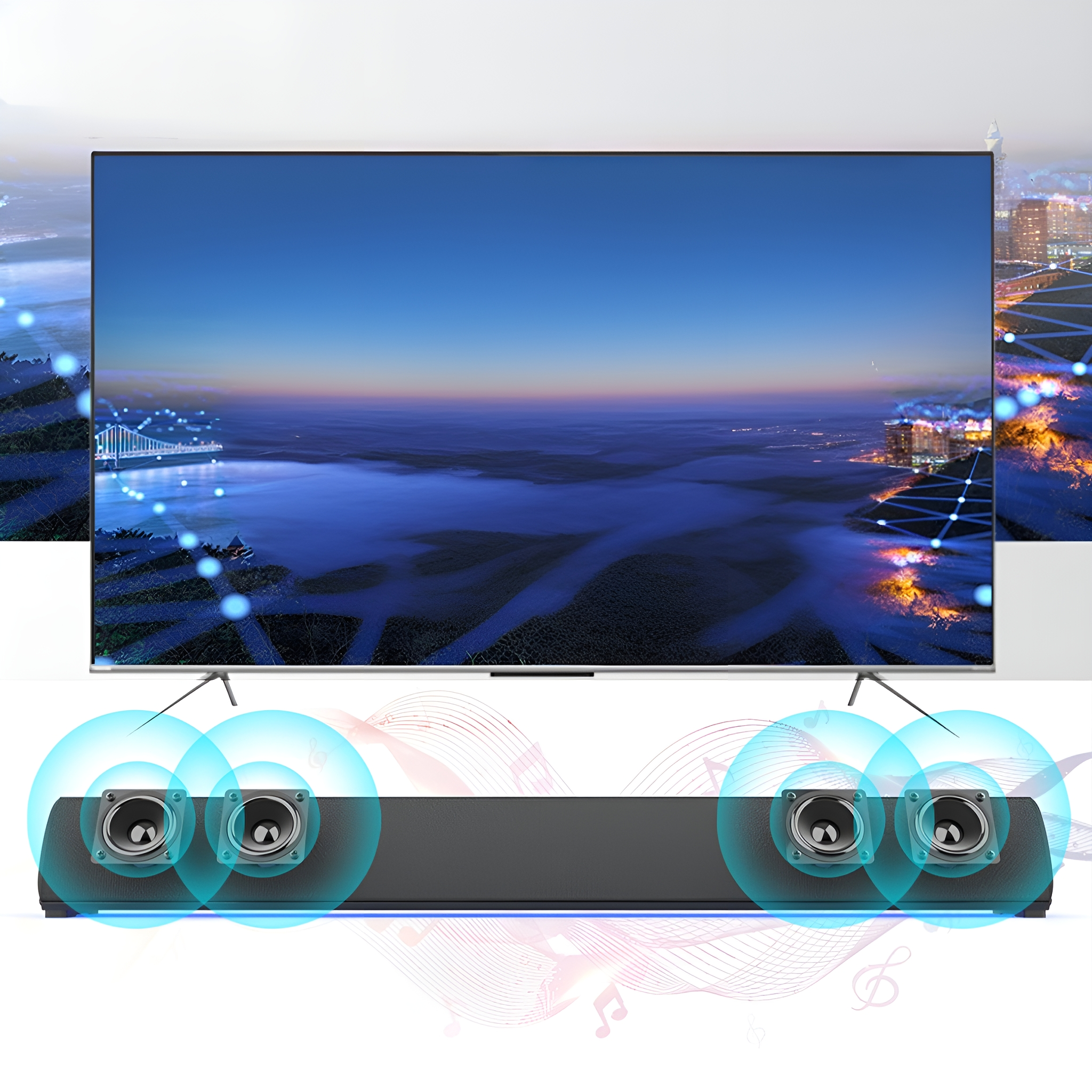 Soundbar mit Lautsprechern und Fernsehbildschirm, mit Noten im Vordergrund.