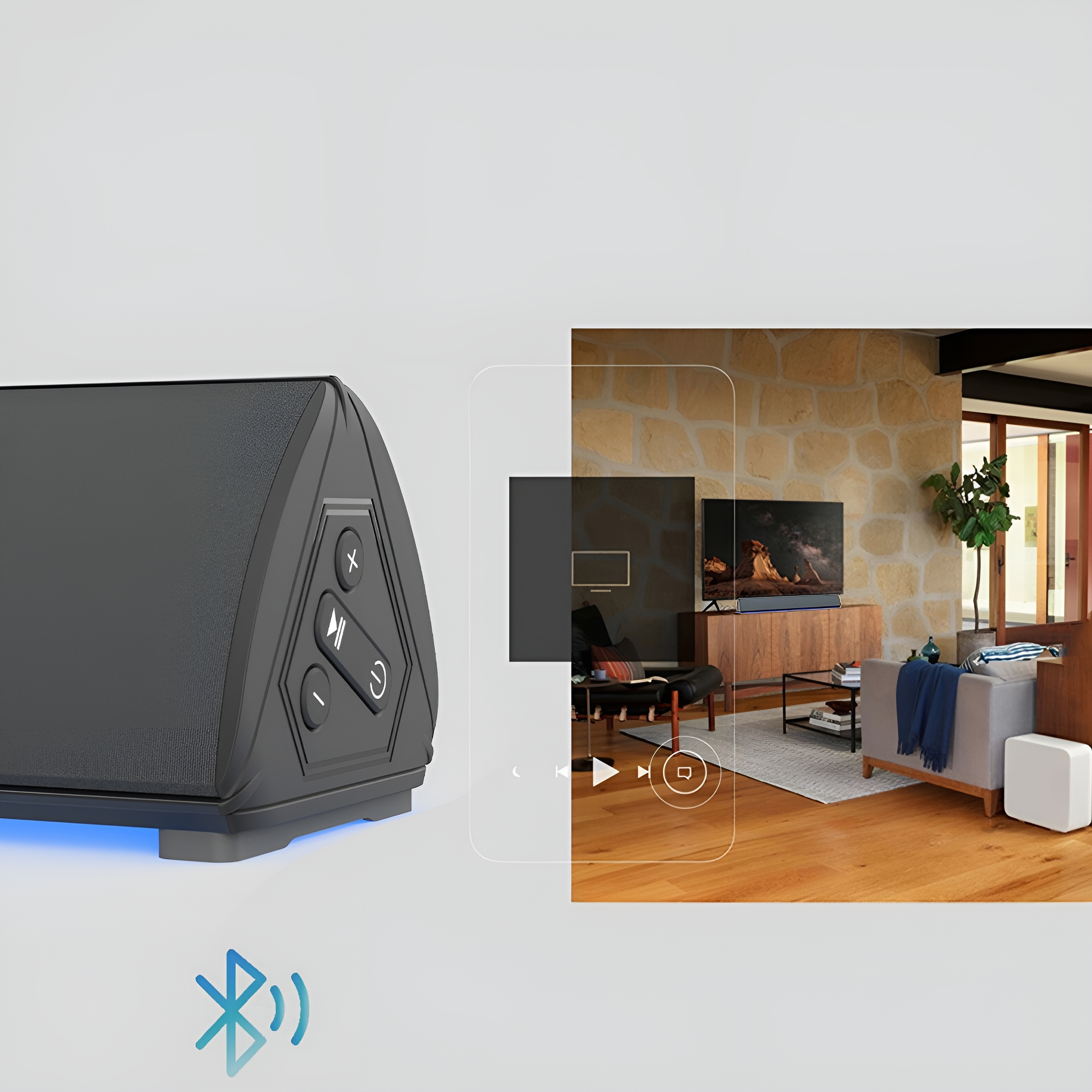 Schwarzer Lautsprecher mit Knöpfen und Bluetooth-Symbol. Auf der rechten Seite eine Wohnzimmerszene.