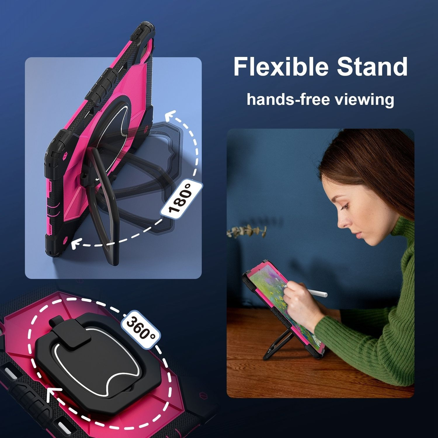 Una funda rosa para tableta con un anillo negro. Está sobre un fondo azul con un soporte flexible.