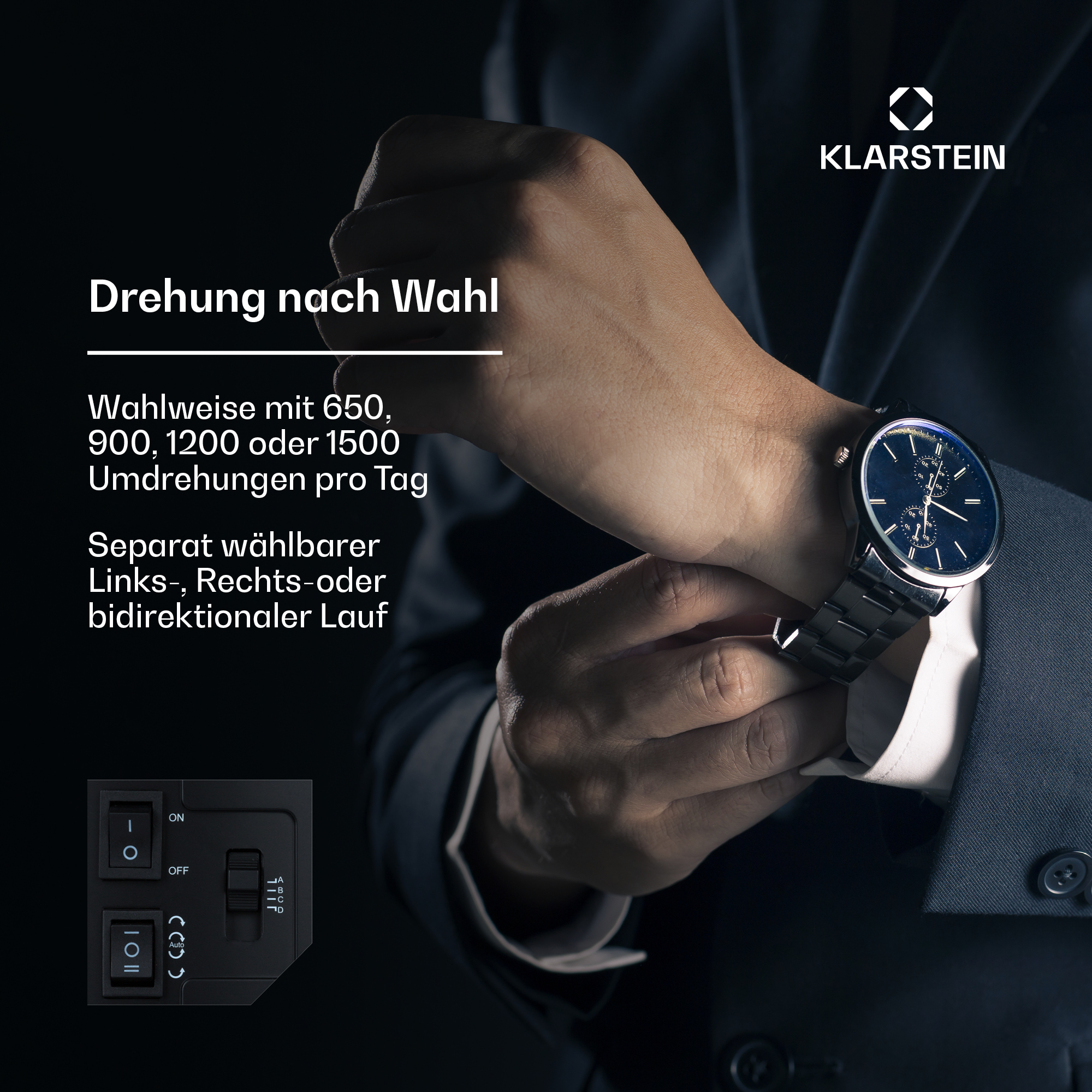 Eine Person im Anzug, die ihre Uhr einstellt, mit Text und einem Schalter links.