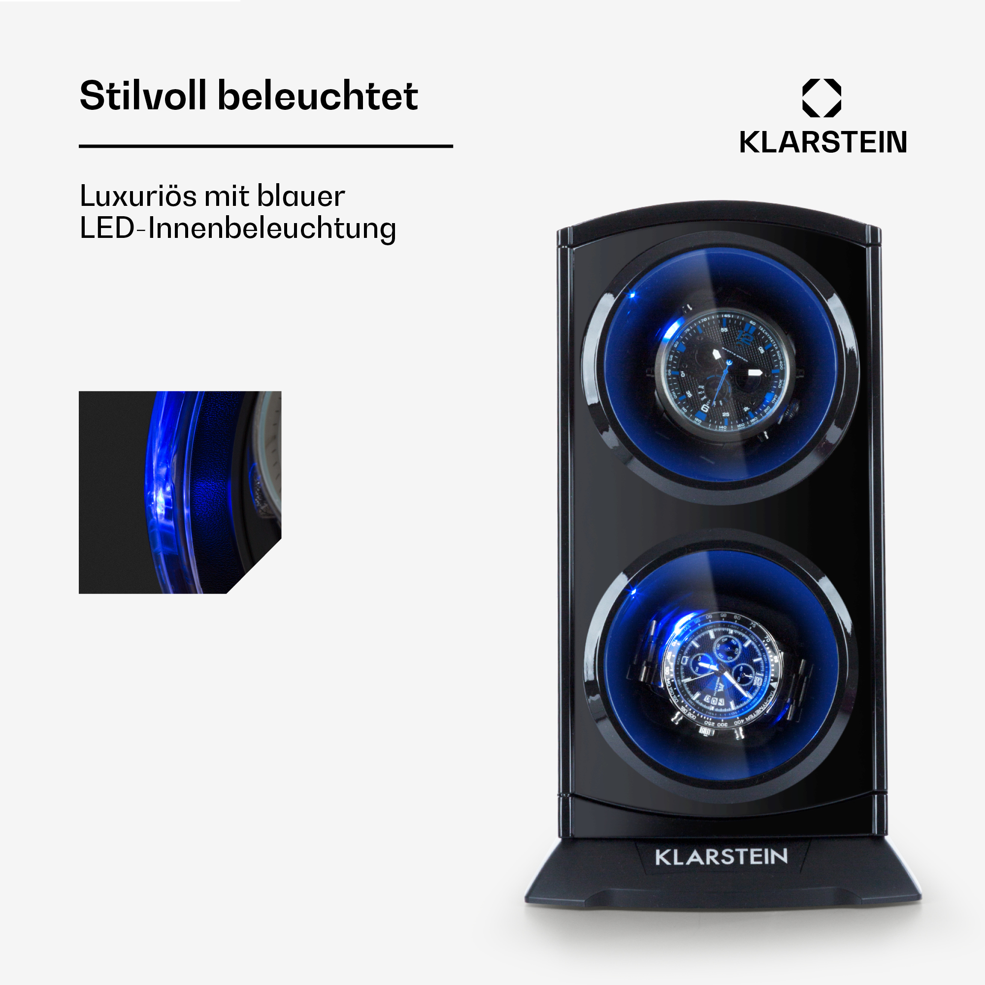 Schwarzer Uhrenbeweger mit blauer LED-Beleuchtung, der zwei Uhren zeigt.