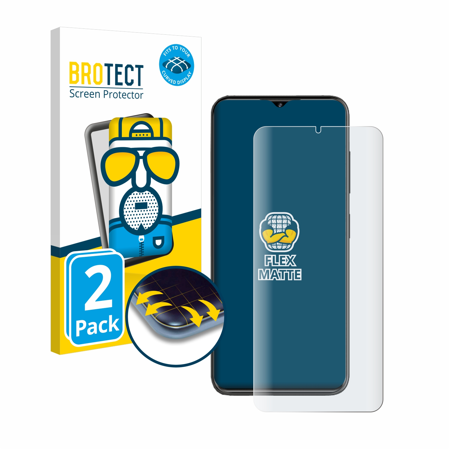 Smartphone mit Displayschutzfolie und Box. Telefon ist blau, Box ist weiß und gelb. Weißer Hintergrund.