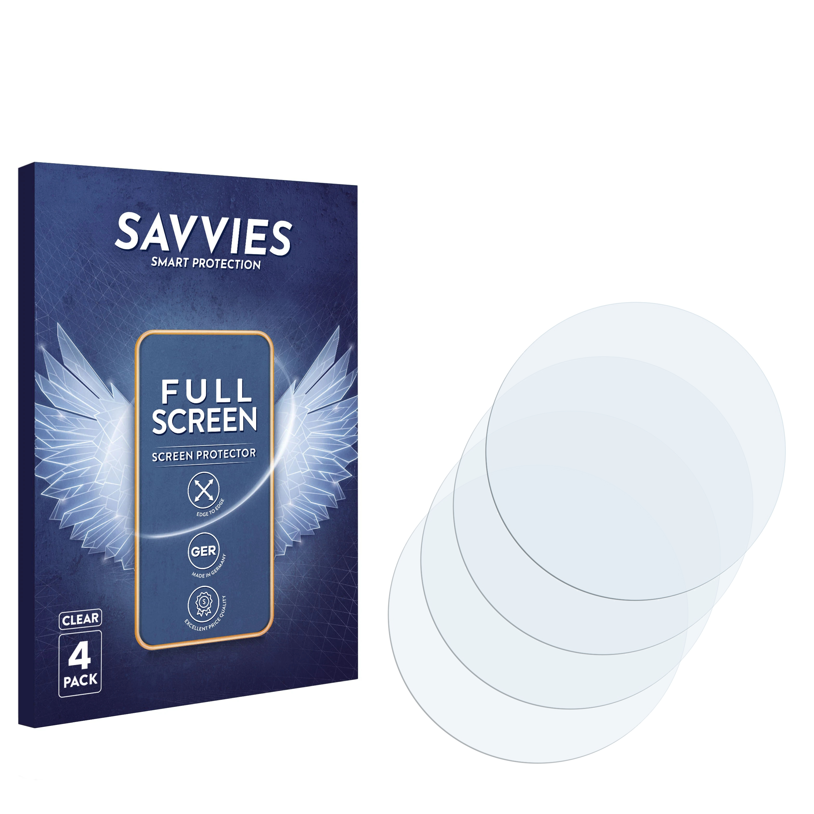 Verpackung für Displayschutzfolie mit vier klaren Schutzfolien. Box hat Flügel-Grafik.